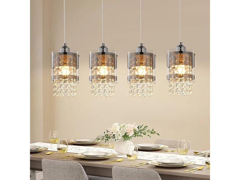 NETTLIFE Suspension Table à manger Moderne Verre Suspension 4 Flammes Suspendue 150CM Réglable en hauteur Cristal E27