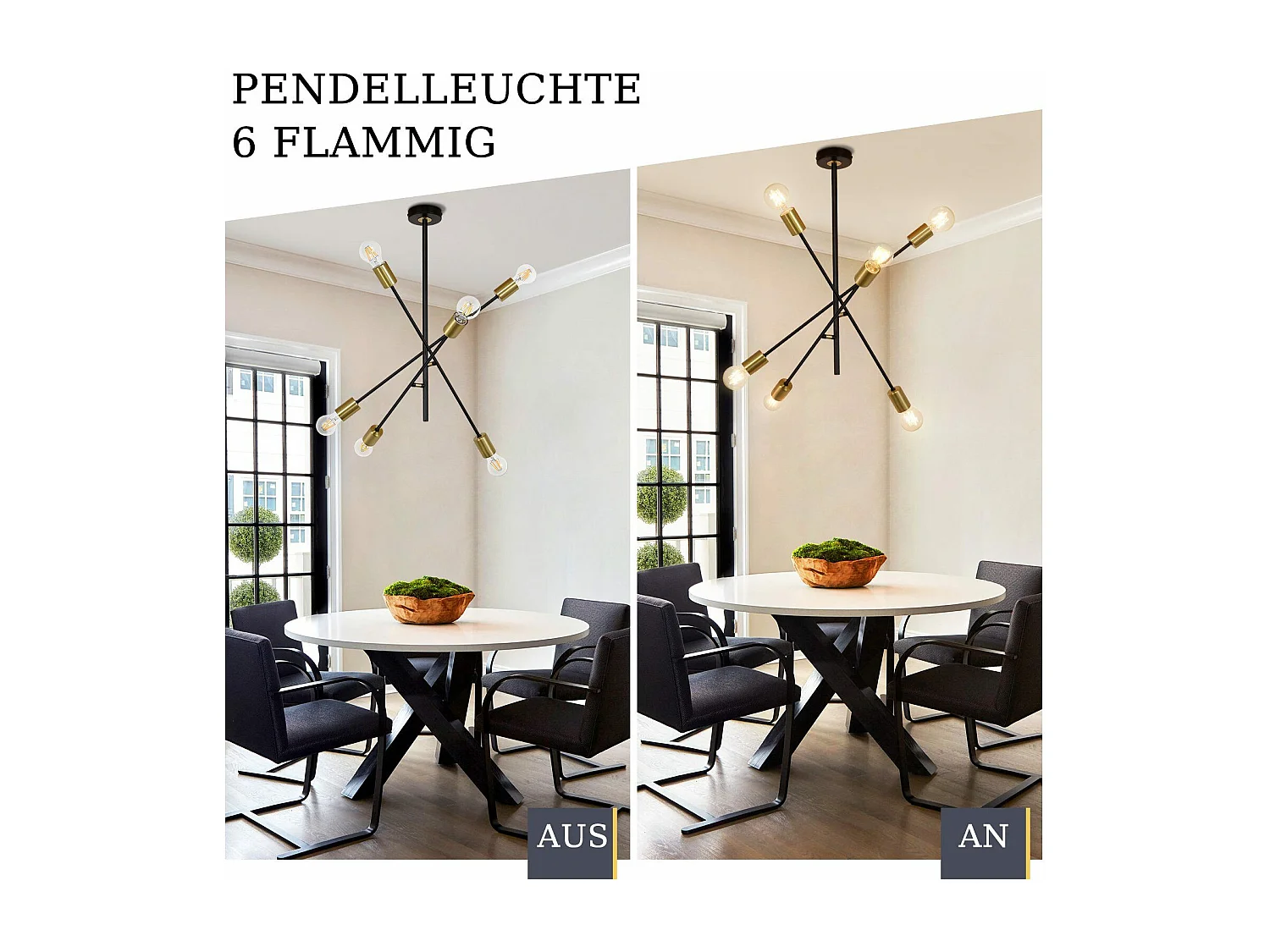 NETTLIFE Deckenleuchter für Wohnzimmer, Vintage-Pendelleuchte mit 6 E27-Lampen im schwarzen Industriestil