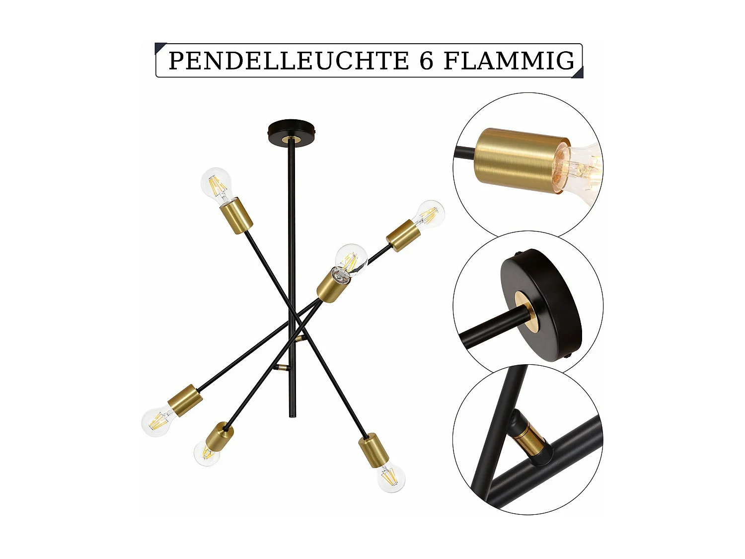 NETTLIFE Deckenleuchter für Wohnzimmer, Vintage-Pendelleuchte mit 6 E27-Lampen im schwarzen Industriestil