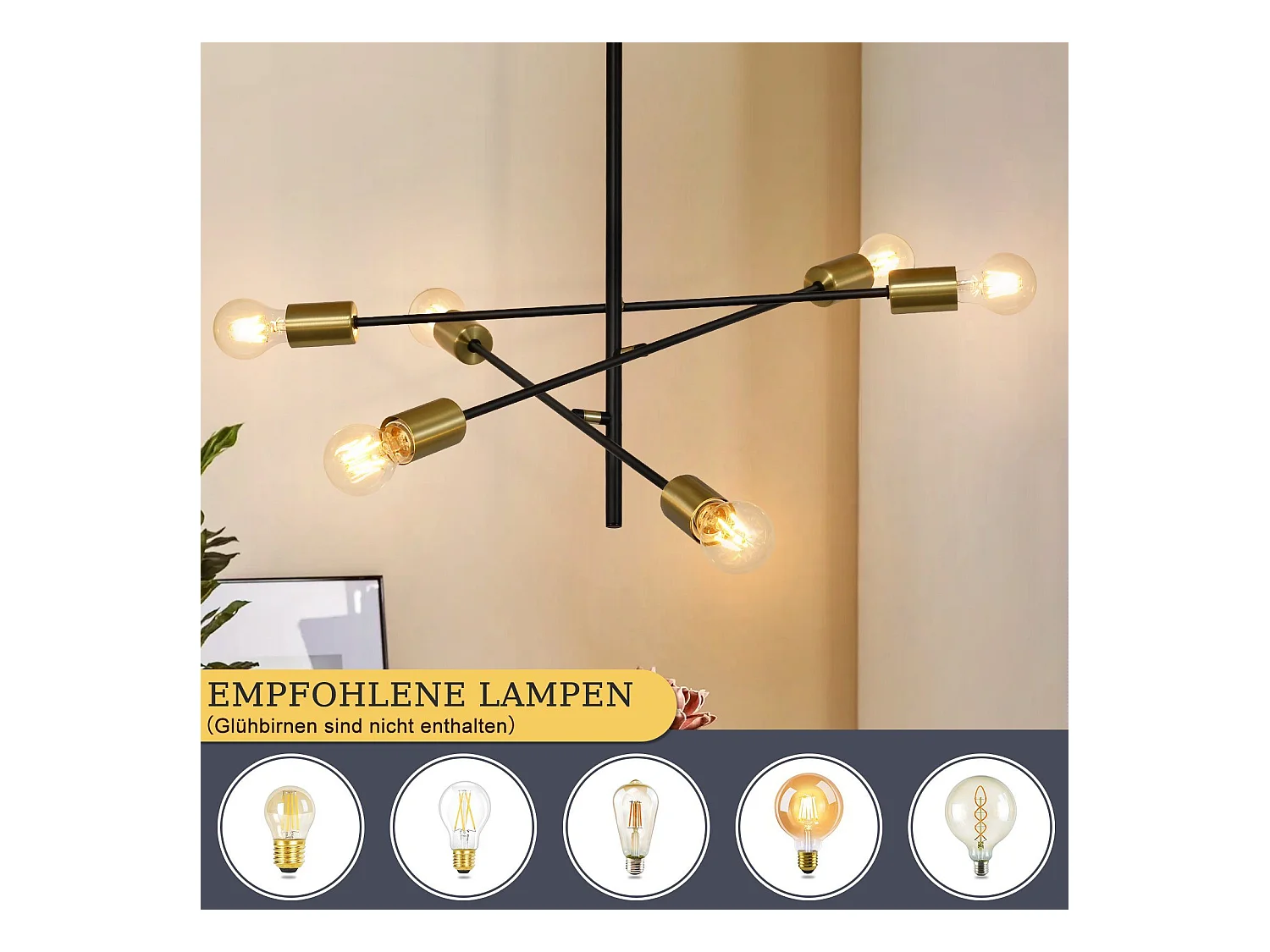 NETTLIFE Lustre de techo para salón, suspensión vintage con 6 lámparas E27 negras, estilo industrial.