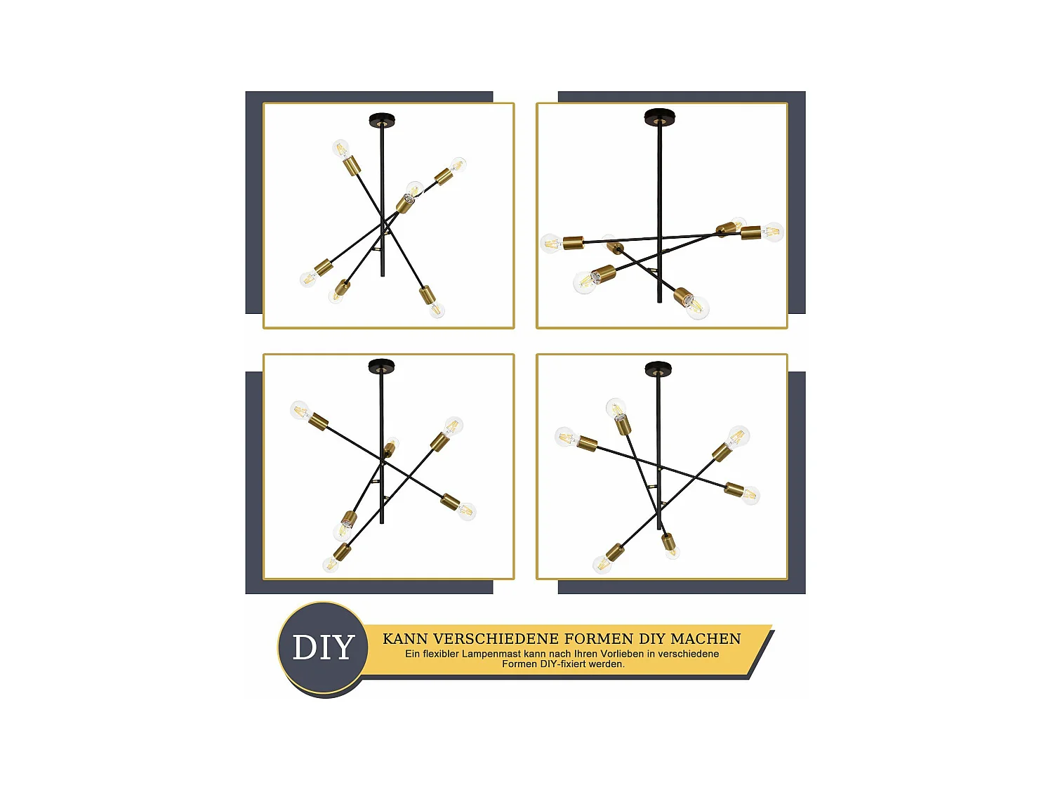 NETTLIFE Lustre de techo para salón, suspensión vintage con 6 lámparas E27 negras, estilo industrial.