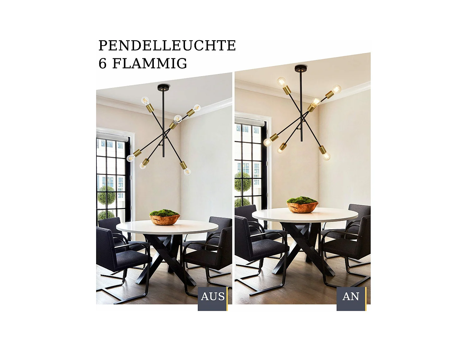 NETTLIFE Lustre de techo para salón, suspensión vintage con 6 lámparas E27 negras, estilo industrial.