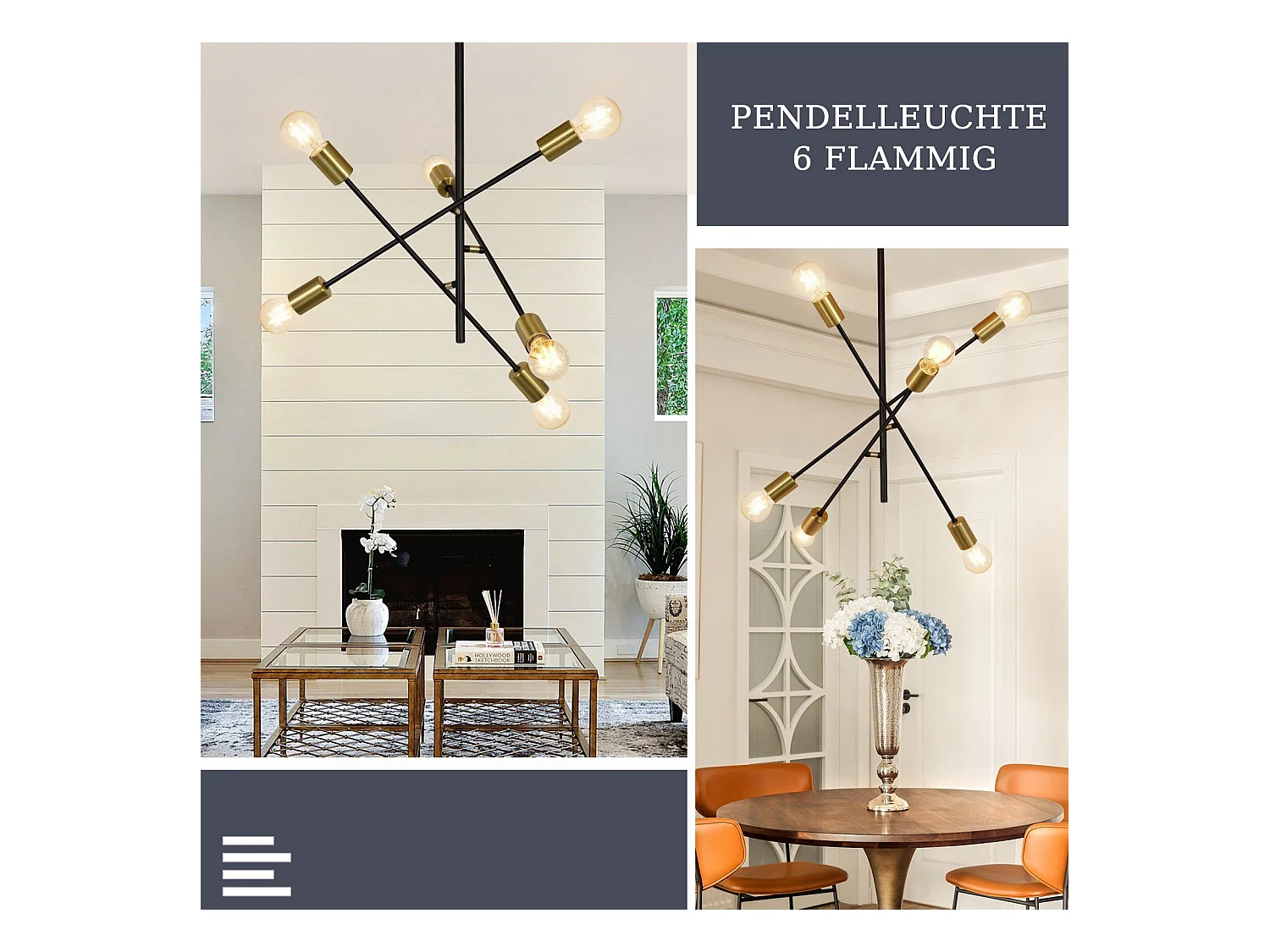 NETTLIFE Lustre de techo para salón, suspensión vintage con 6 lámparas E27 negras, estilo industrial.