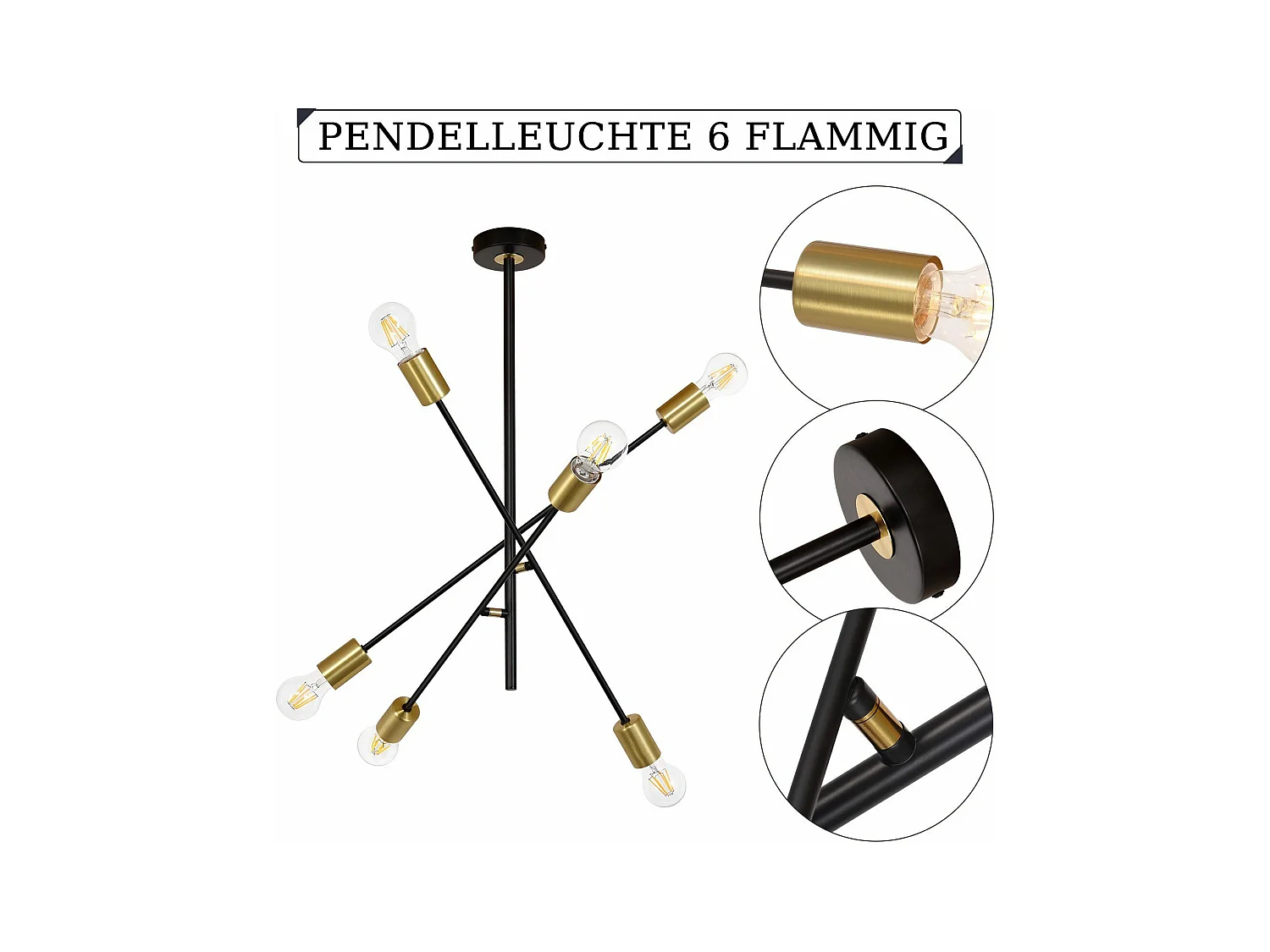 NETTLIFE Lustre de techo para salón, suspensión vintage con 6 lámparas E27 negras, estilo industrial.