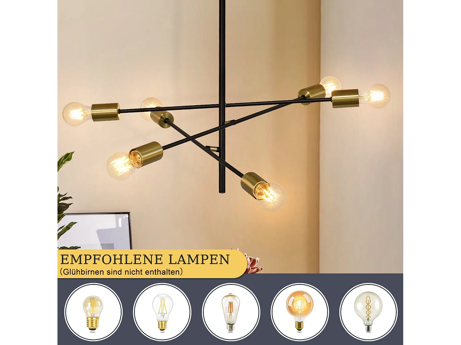 NETTLIFE Lustre De Plafond Pour Salon Suspension Vintage Avec 6 Lampes E27 Noires Style Industriel