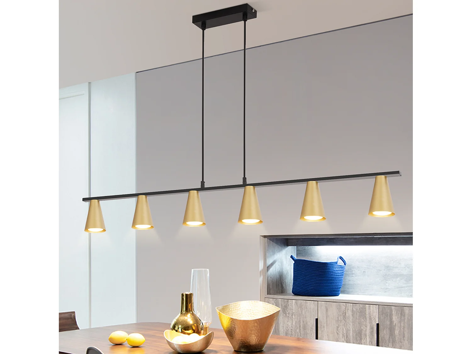 Hängelampe Esstisch Pendelleuchte Gu10 Esszimmer 6-flammig Schwarz Gold Metall Industrie