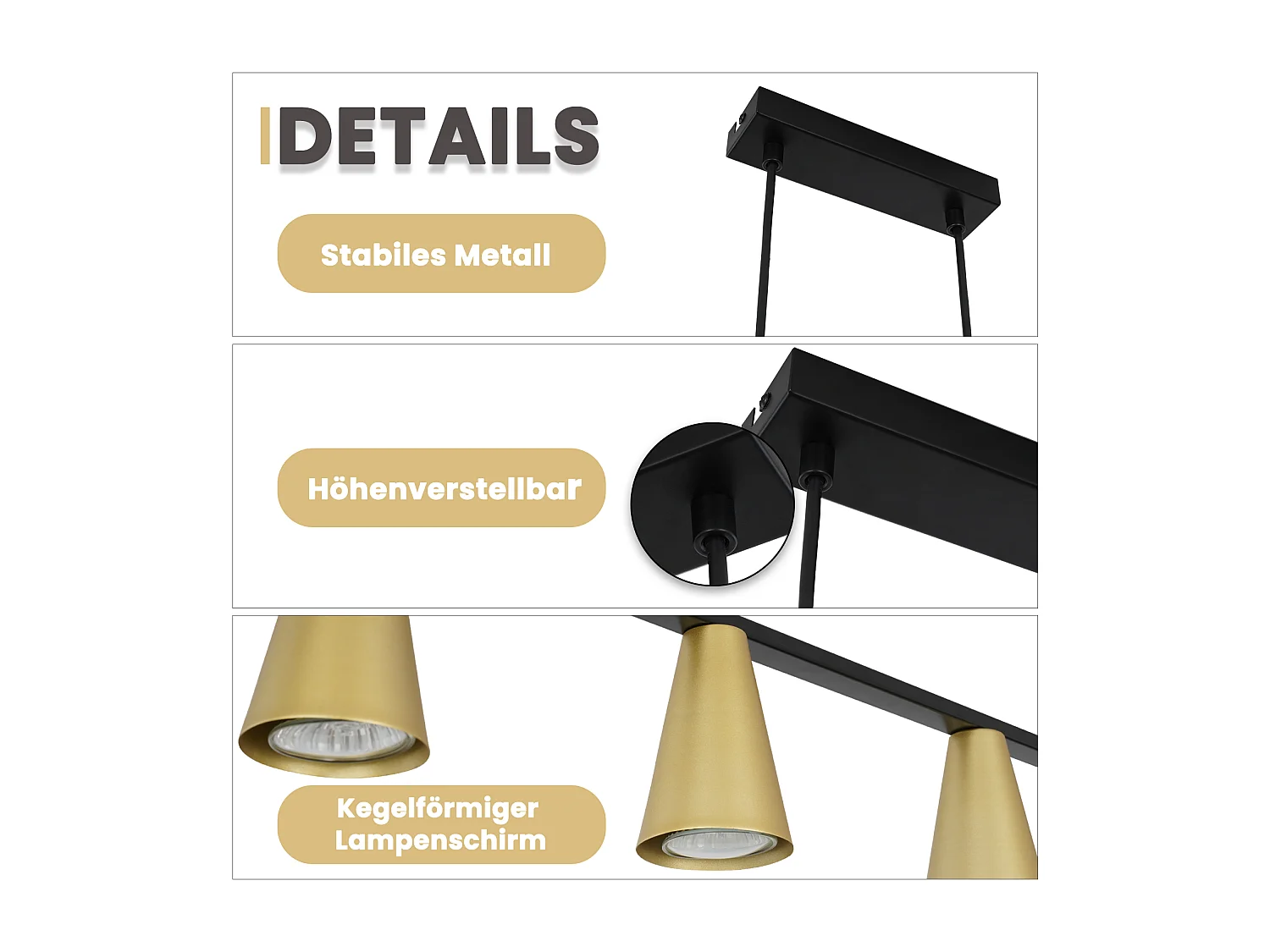 Hängelampe Esstisch Pendelleuchte Gu10 Esszimmer 6-flammig Schwarz Gold Metall Industrie