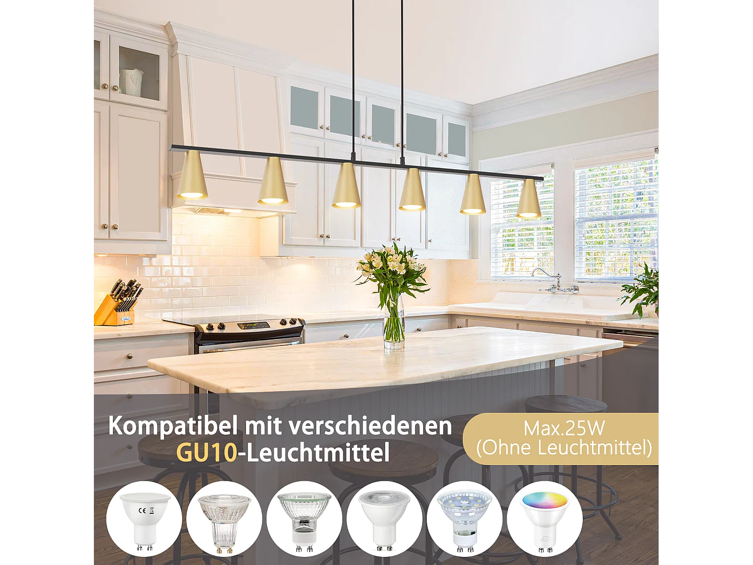 NETTLIFE Hanglamp GU10 - 6-Lichts - goud - kegelvormig Ontwerp - Metaal - Modern Eetkamerlamp Max.25W - voor Keuken | Woonkamer | Hal - Zonder lampen