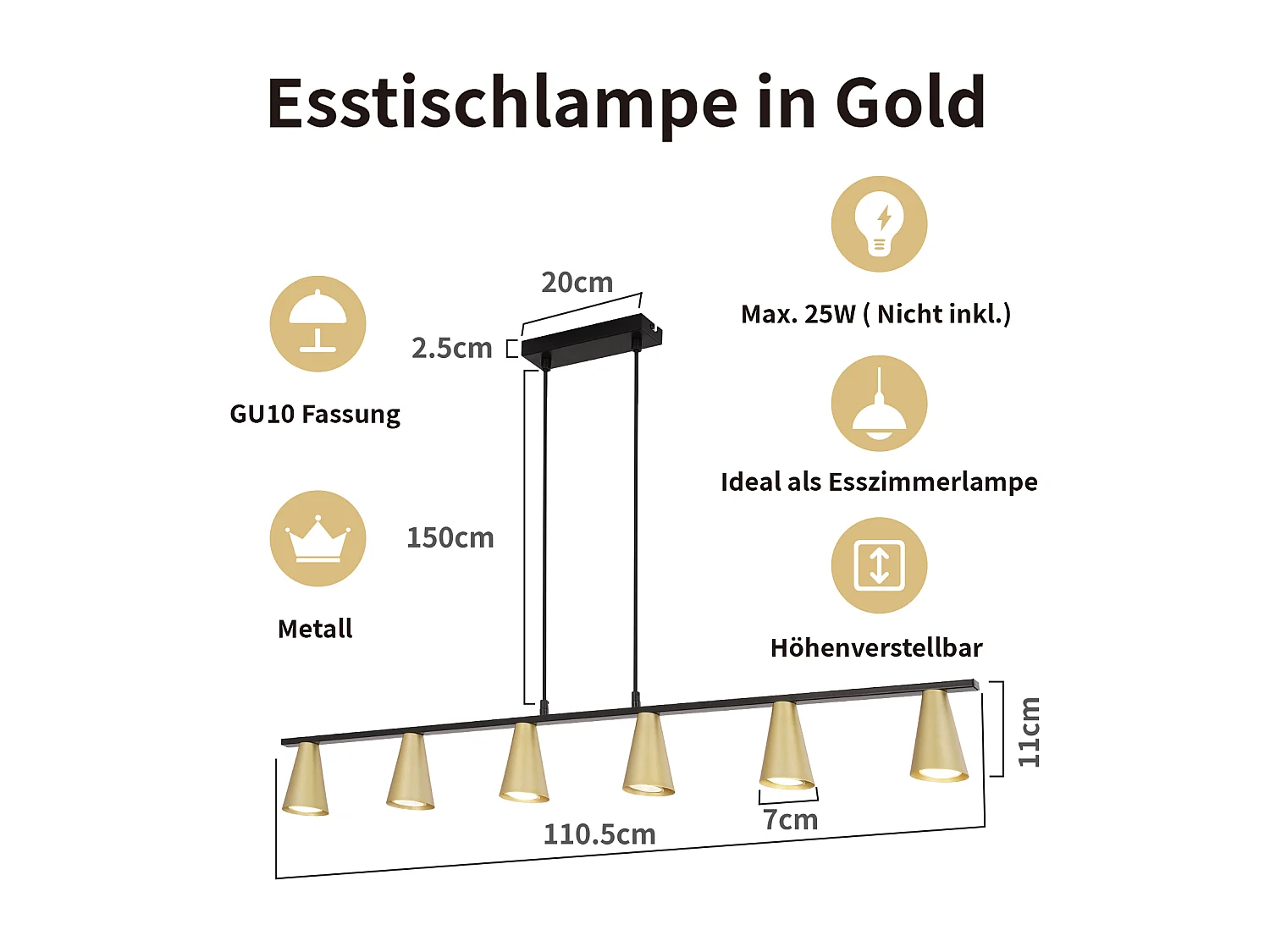 NETTLIFE Lampe suspendue table à manger suspension GU10 : lampe de salle à manger 6 ampoules en métal noir doré moderne industriel