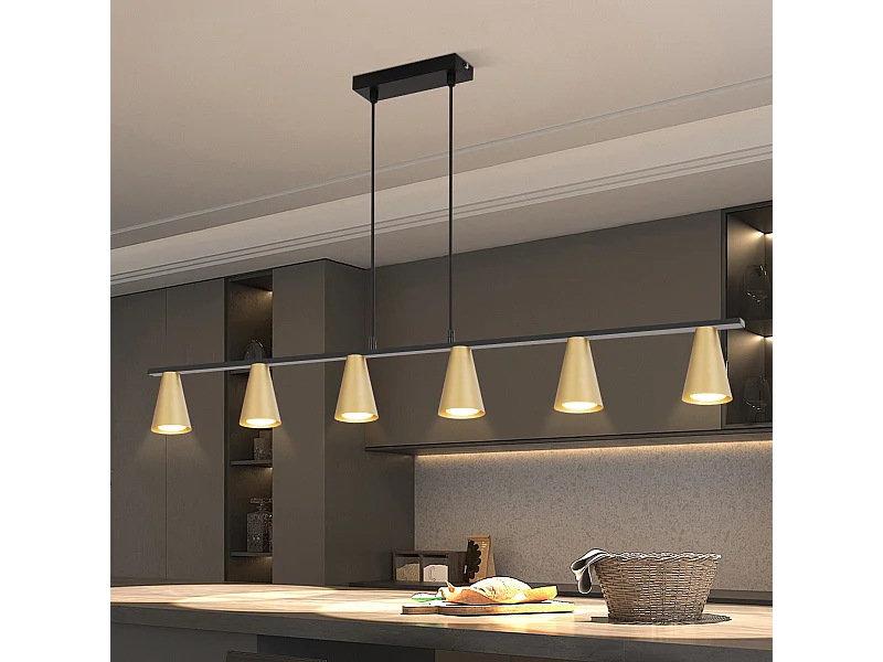 NETTLIFE Hanglamp GU10 - 6-Lichts - goud - kegelvormig Ontwerp - Metaal - Modern Eetkamerlamp Max.25W - voor Keuken | Woonkamer | Hal - Zonder lampen