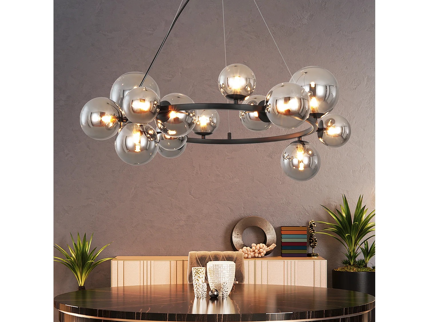 NETTLIFE Hanglamp G9 - 14-Lichts - Glas - Rookgrijs - Modern Pendellamp - Eetkamerlamp - Kroonluchter met Glazen Bol - voor Eetkamer | Hal | Woonkamer | Trappenhuis