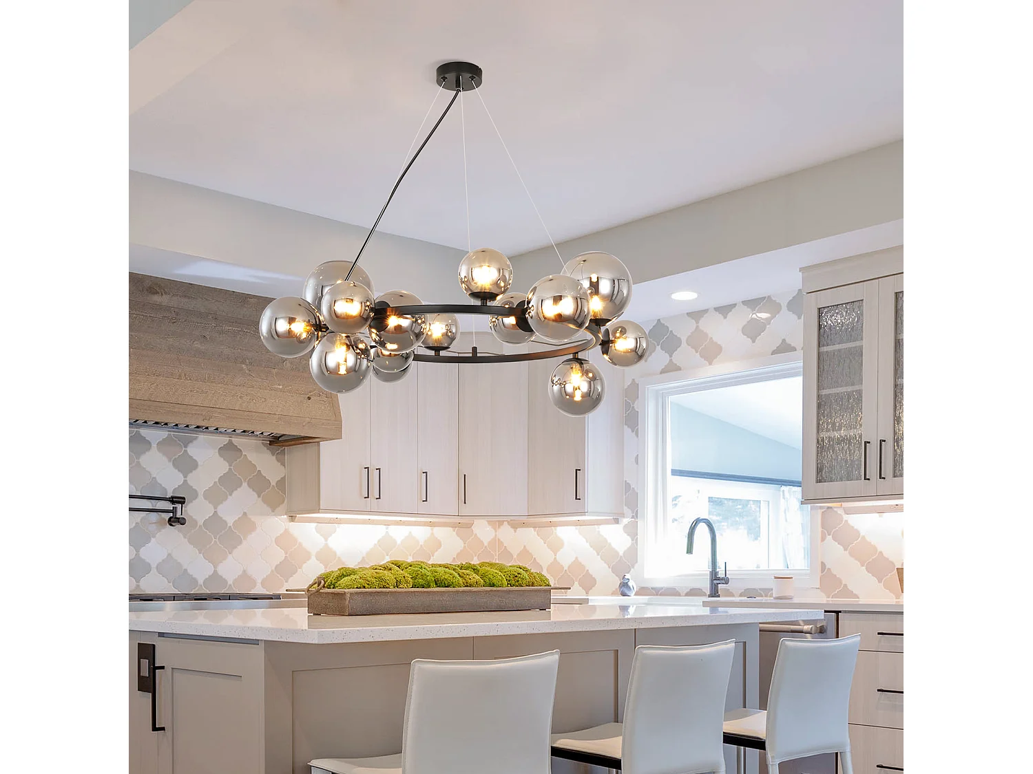 NETTLIFE Hanglamp G9 - 14-Lichts - Glas - Rookgrijs - Modern Pendellamp - Eetkamerlamp - Kroonluchter met Glazen Bol - voor Eetkamer | Hal | Woonkamer | Trappenhuis