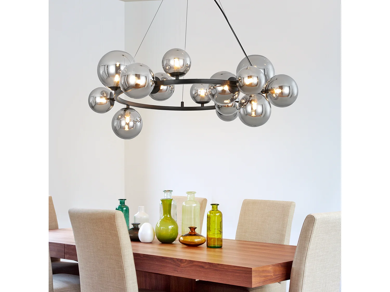 NETTLIFE Hanglamp G9 - 14-Lichts - Glas - Rookgrijs - Modern Pendellamp - Eetkamerlamp - Kroonluchter met Glazen Bol - voor Eetkamer | Hal | Woonkamer | Trappenhuis