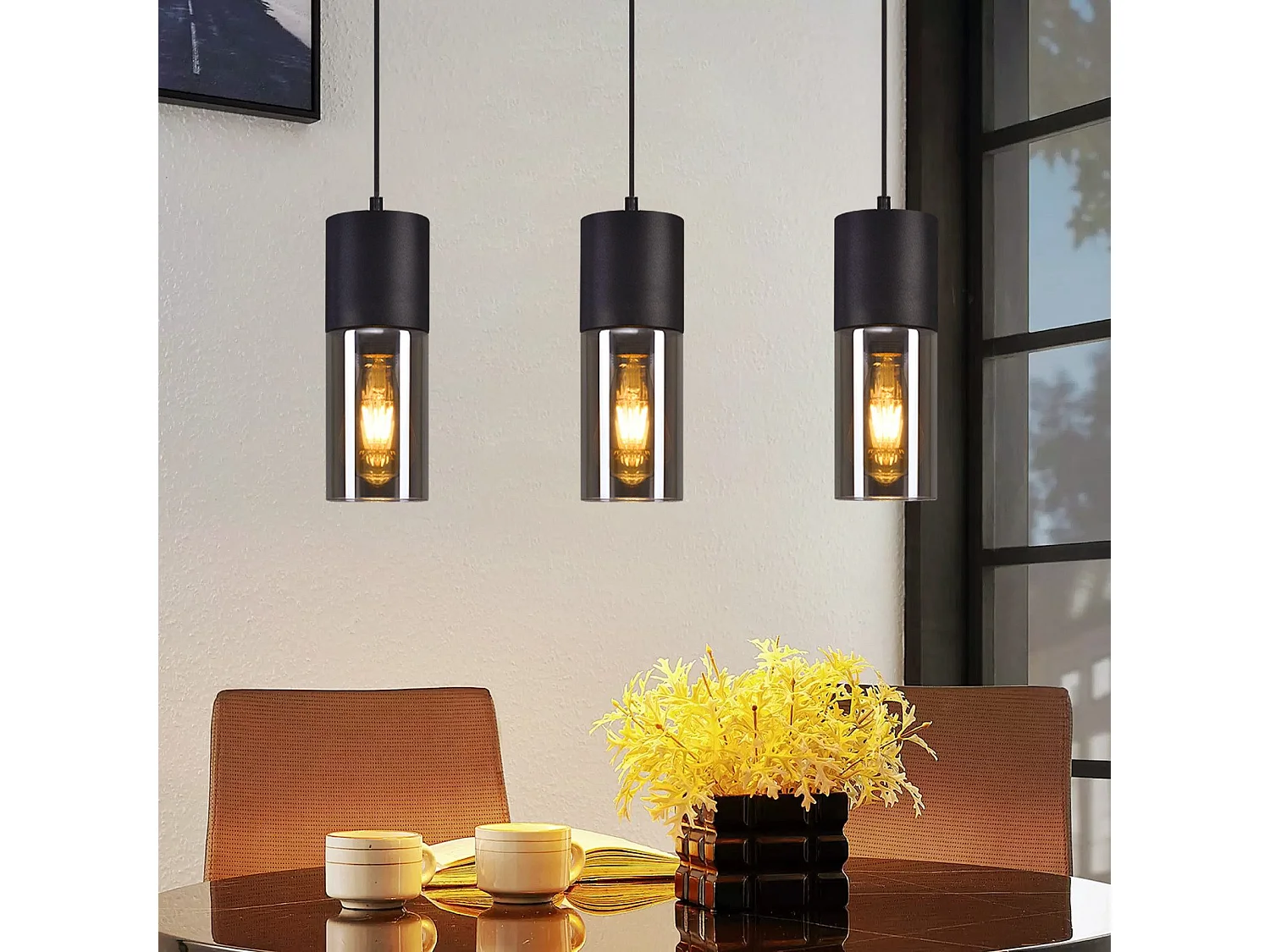 NETTLIFE Hanglamp glas - 3xE27 - rechthoekig - zwart - metalen - eettafel lampen voor trap slaapkamer - Zonder lichtbron