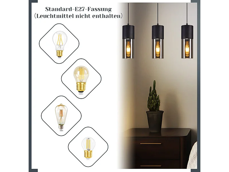 NETTLIFE Hanglamp glas - 3xE27 - rechthoekig - zwart - metalen - eettafel lampen voor trap slaapkamer - Zonder lichtbron