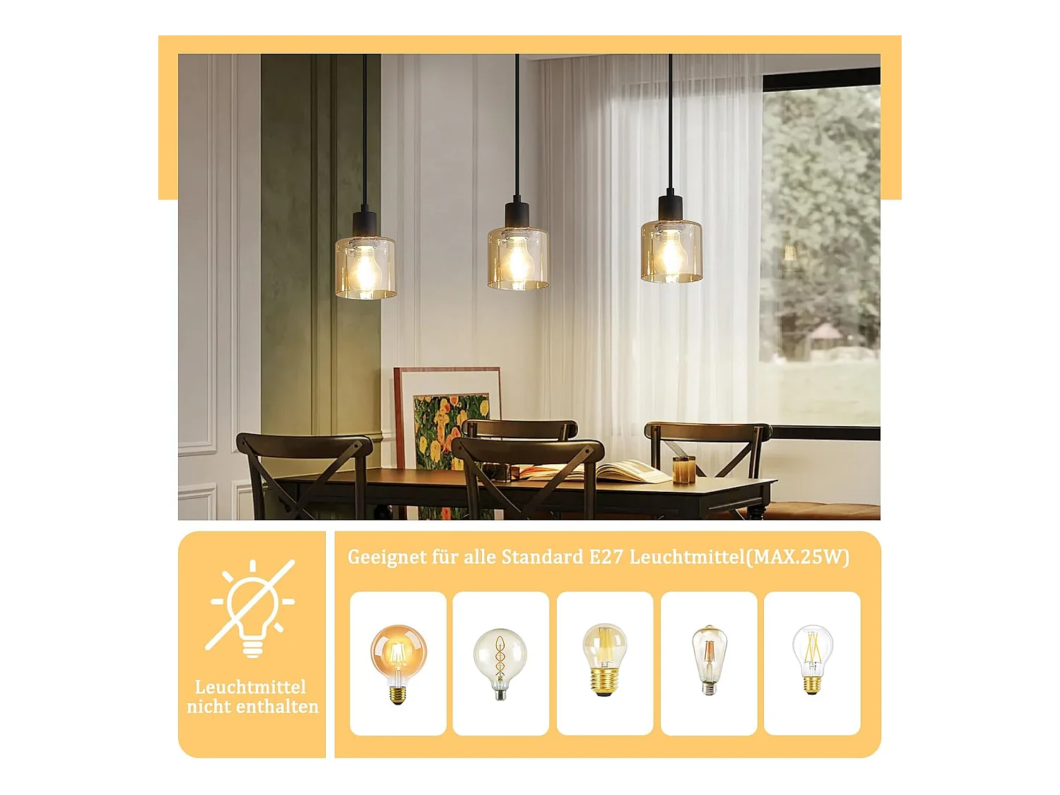 Esstisch Pendelleuchte Vintage Hängelampe 3-flammig E27 Schwarz Metall Retro