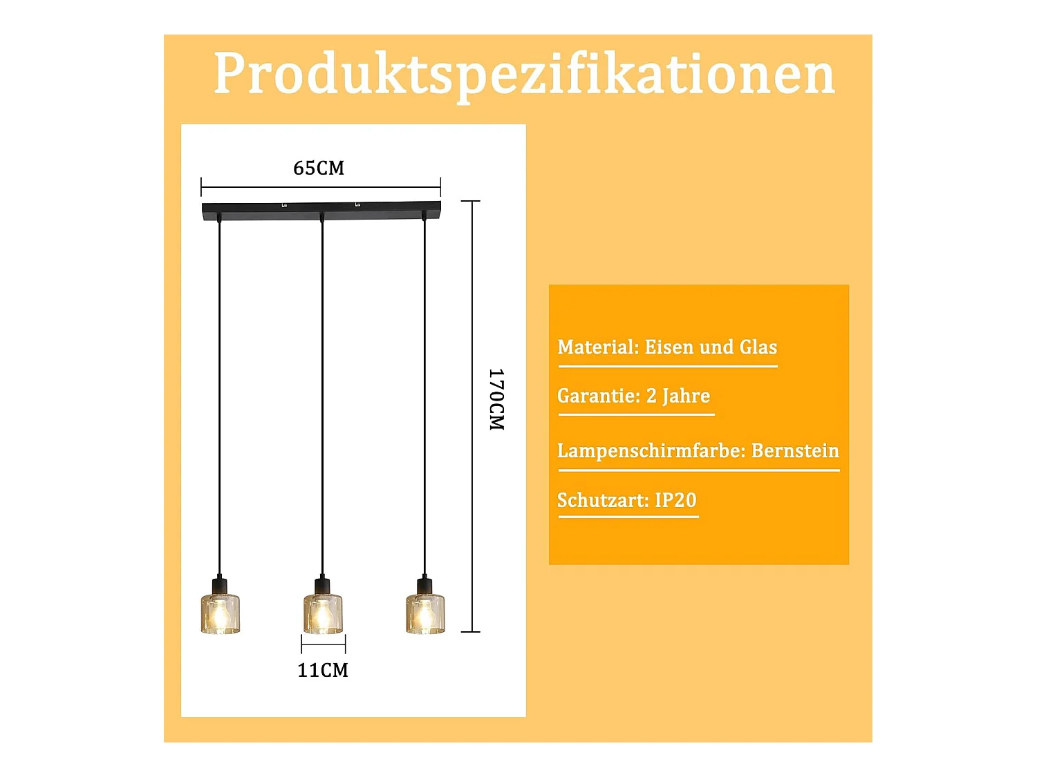 NETTLIFE Hanglamp E27 fitting 3-Lichts Bernstein rechthoekig Glas Vintage Eettafellamp 65cm Industriele Eetkamerlamp voor voor Keuken | Woonkamer | Hal | Kantoor