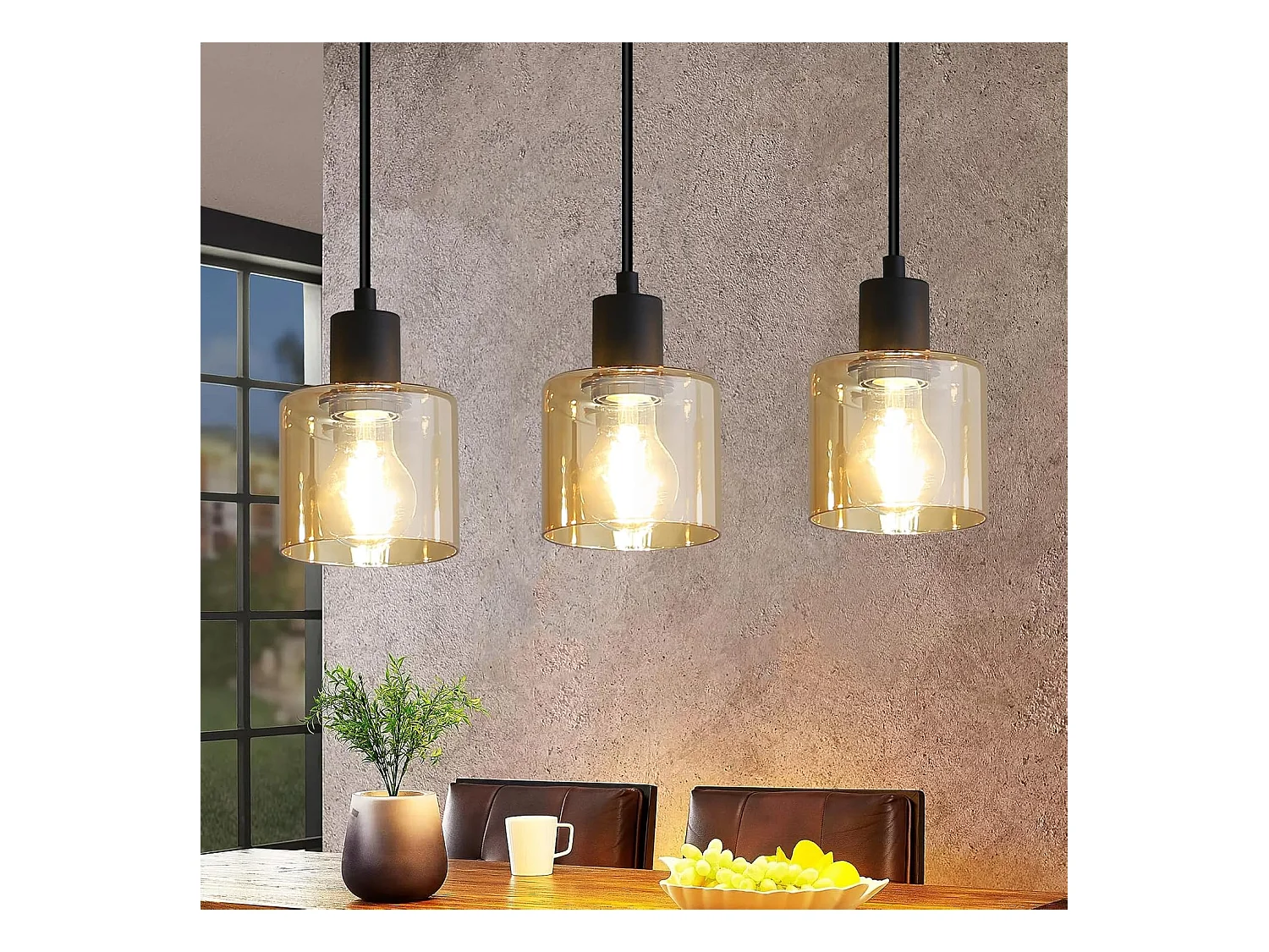 NETTLIFE Hanglamp E27 fitting 3-Lichts Bernstein rechthoekig Glas Vintage Eettafellamp 65cm Industriele Eetkamerlamp voor voor Keuken | Woonkamer | Hal | Kantoor