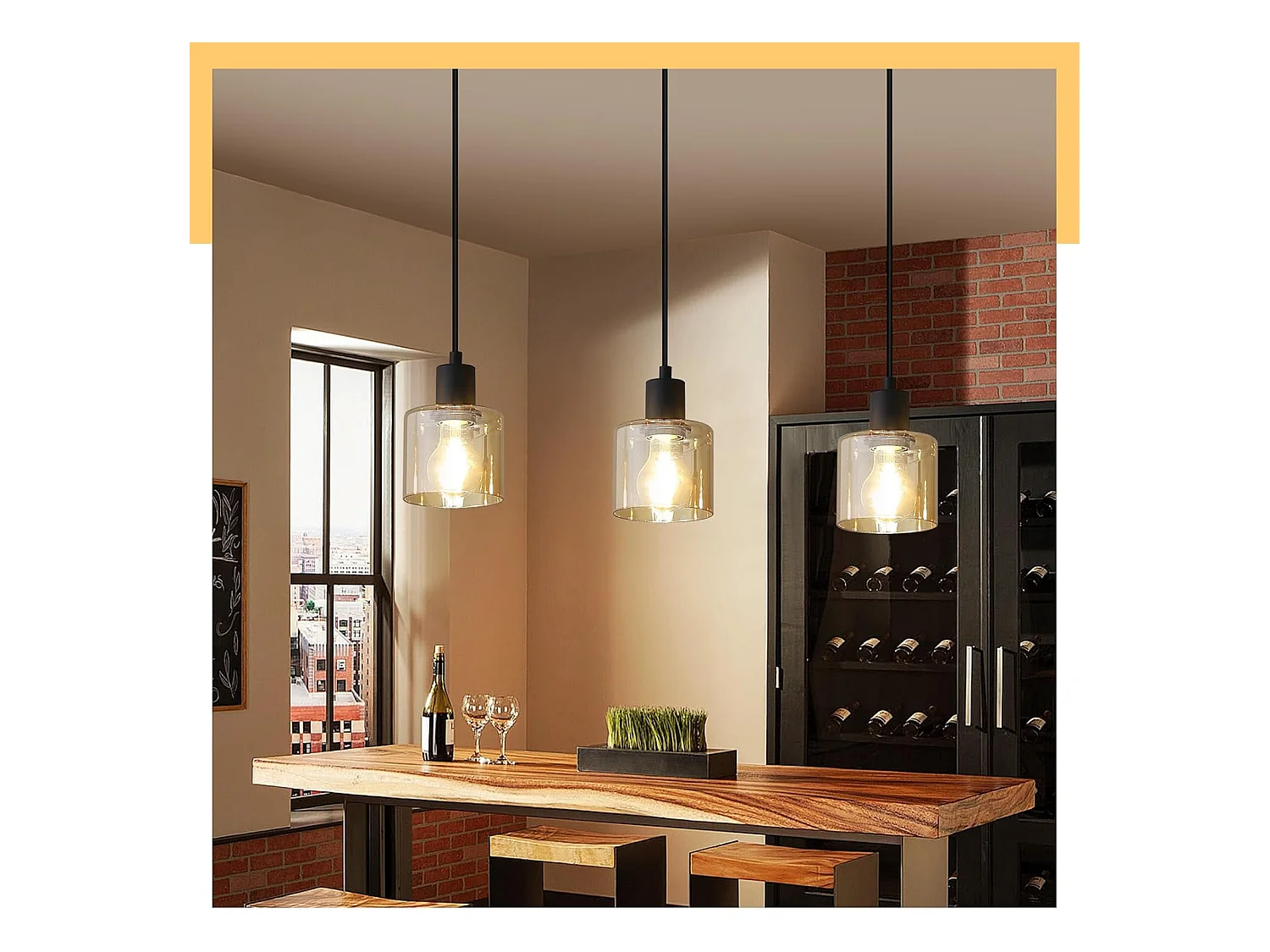 NETTLIFE Hanglamp E27 fitting 3-Lichts Bernstein rechthoekig Glas Vintage Eettafellamp 65cm Industriele Eetkamerlamp voor voor Keuken | Woonkamer | Hal | Kantoor