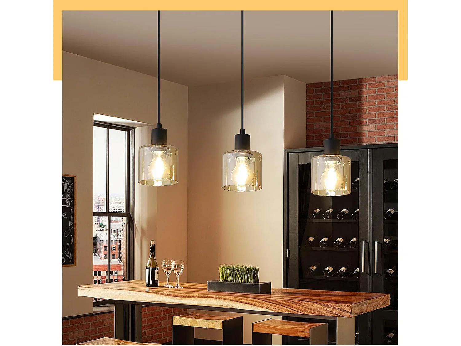 NETTLIFE Hanglamp E27 fitting 3-Lichts Bernstein rechthoekig Glas Vintage Eettafellamp 65cm Industriele Eetkamerlamp voor voor Keuken | Woonkamer | Hal | Kantoor