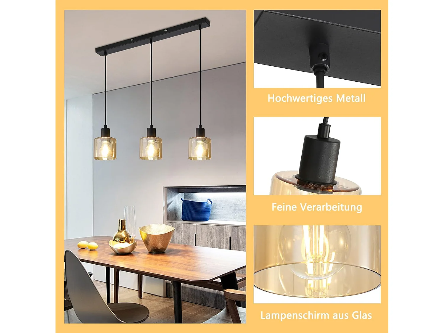 NETTLIFE Suspension table à manger lampe suspendue vintage 3 ampoules suspendues E27 métal noir rétro industriel