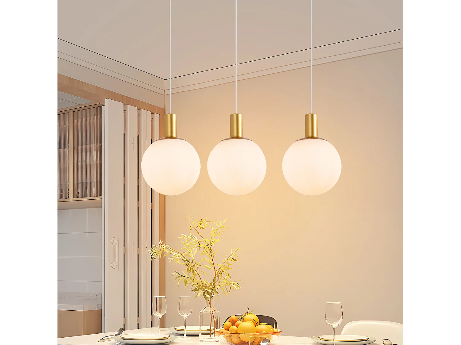 NETTLIFE Hanglamp Glas 3-Lichts E27 Fitting Wit Goud rond Modern Eettafellamp Hangend In hoogte verstelbaar 150cm voor Eetkamer | Keuken | Woonkamer | Hal