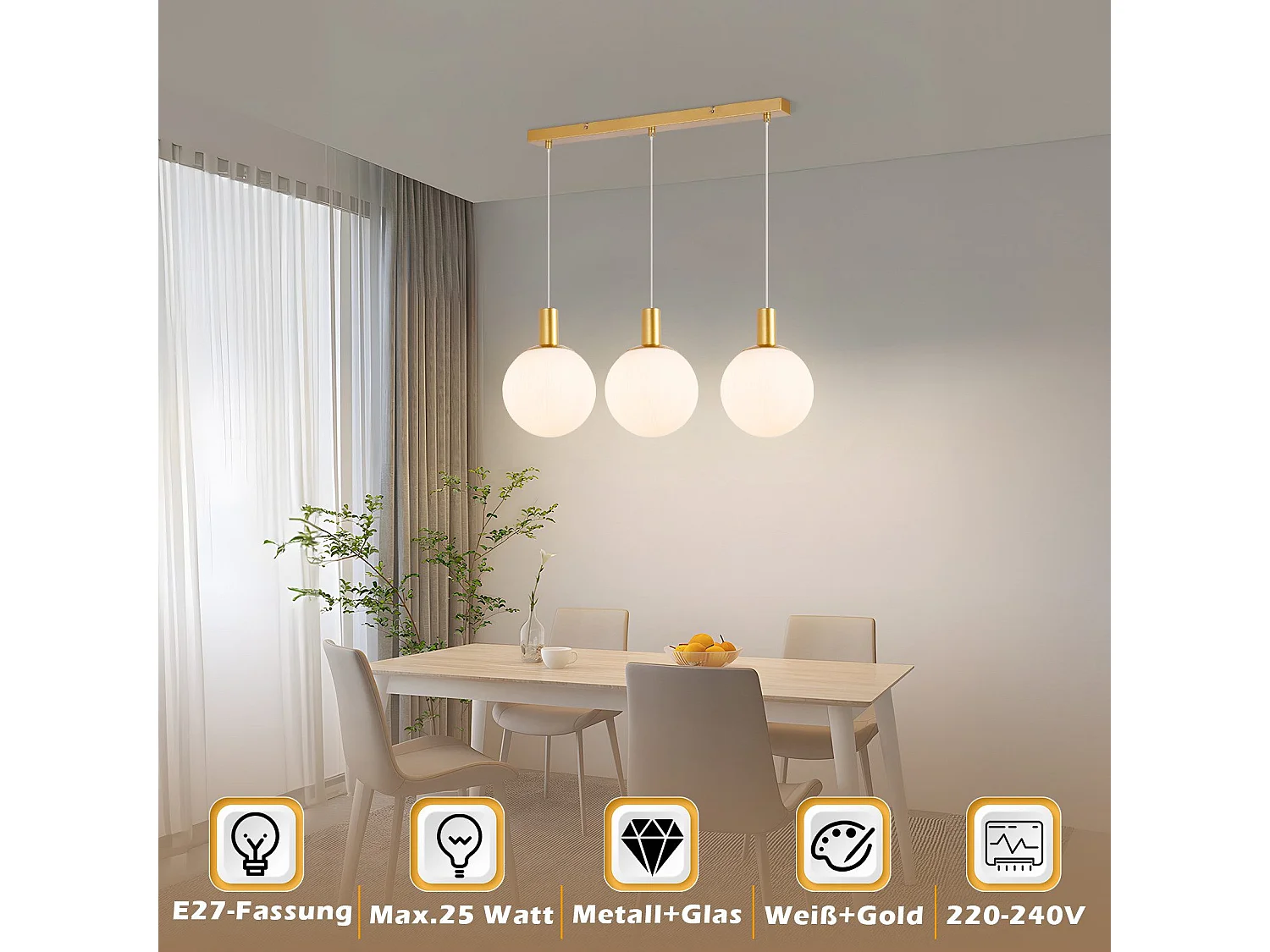 NETTLIFE Hanglamp Glas 3-Lichts E27 Fitting Wit Goud rond Modern Eettafellamp Hangend In hoogte verstelbaar 150cm voor Eetkamer | Keuken | Woonkamer | Hal