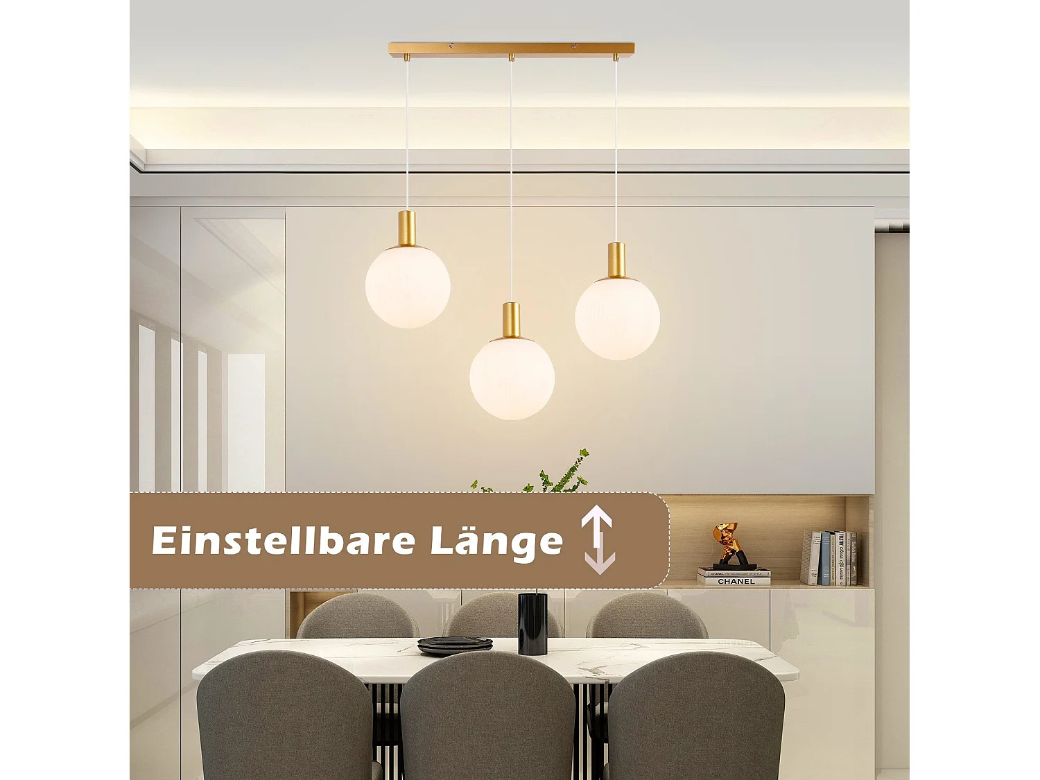NETTLIFE Hanglamp Glas 3-Lichts E27 Fitting Wit Goud rond Modern Eettafellamp Hangend In hoogte verstelbaar 150cm voor Eetkamer | Keuken | Woonkamer | Hal