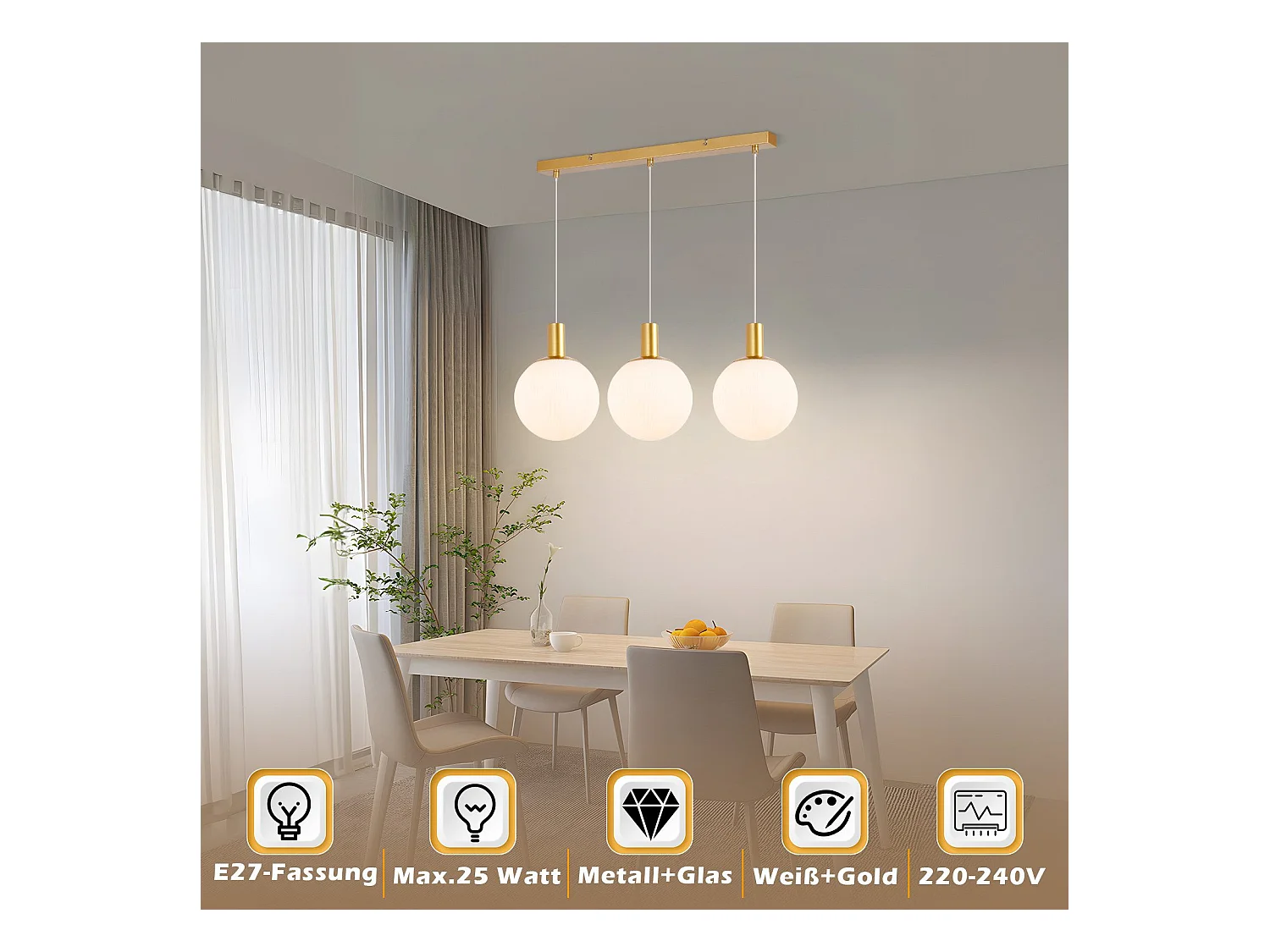 NETTLIFE Suspensión E27 o Lámpara de suspensión de 3 focos Ajustable en altura. Lámpara de suspensión moderna.