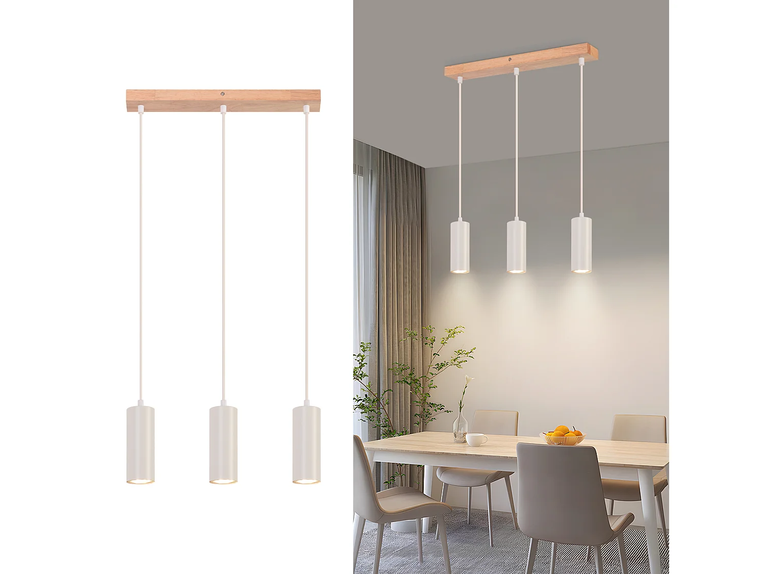 NETTLIFE Suspension 3 ampoules lampe de salle à manger bois - lampe suspendue vintage GU10