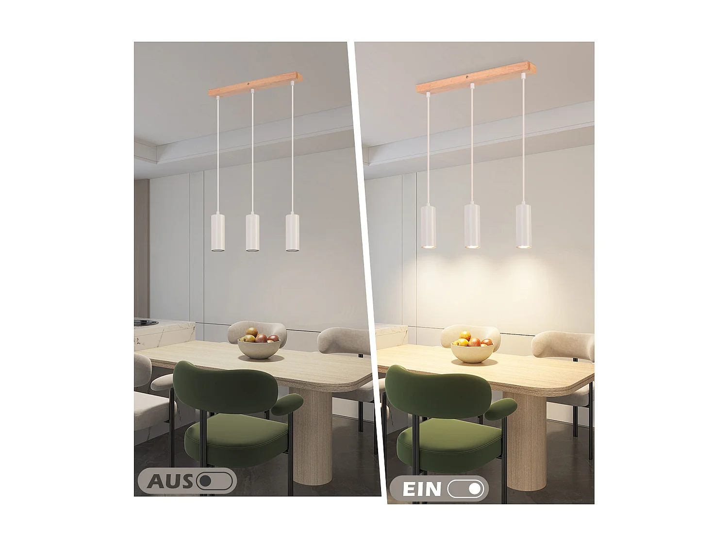 NETTLIFE Suspension 3 ampoules lampe de salle à manger bois - lampe suspendue vintage GU10