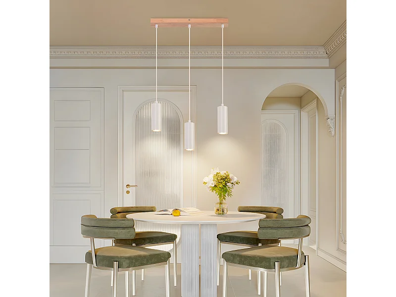 NETTLIFE Hanglamp Hout - Wit - 3xGU10 - Vintage Eetkamerlamp - Rustiek Eettafellamp Hangend - voor Keuken | Woonkamer |Slaapkamer |Restaurant | Hal