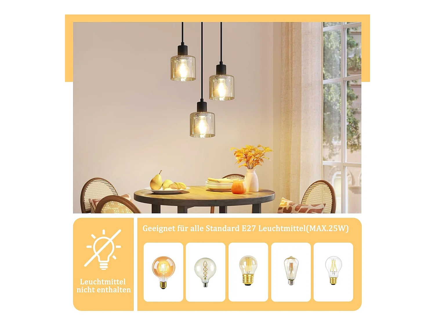 Esstisch Pendelleuchte Vintage Hängelampe 3-flammig E27 Hängende Esstischlampe