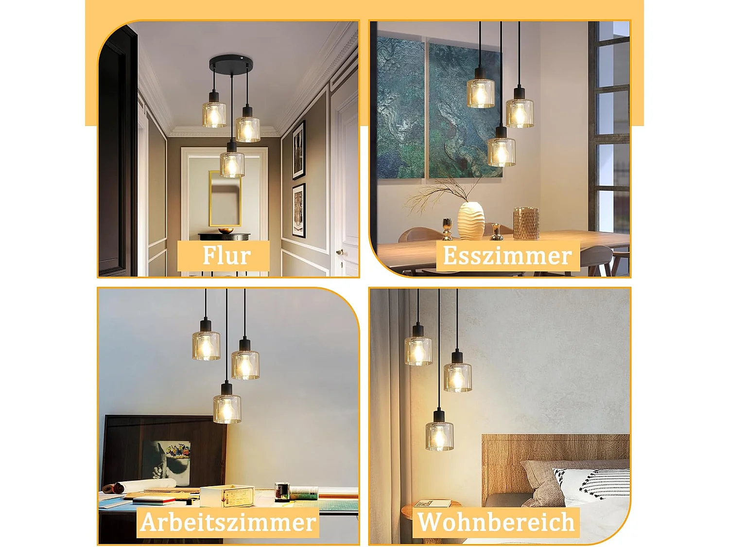 NETTLIFE Hanglamp E27 fitting 3-Lichts Bernstein rond Glas Vintage Eettafellamp 21cm Industriele Eetkamerlamp voor voor Keuken | Woonkamer | Hal | Kantoor
