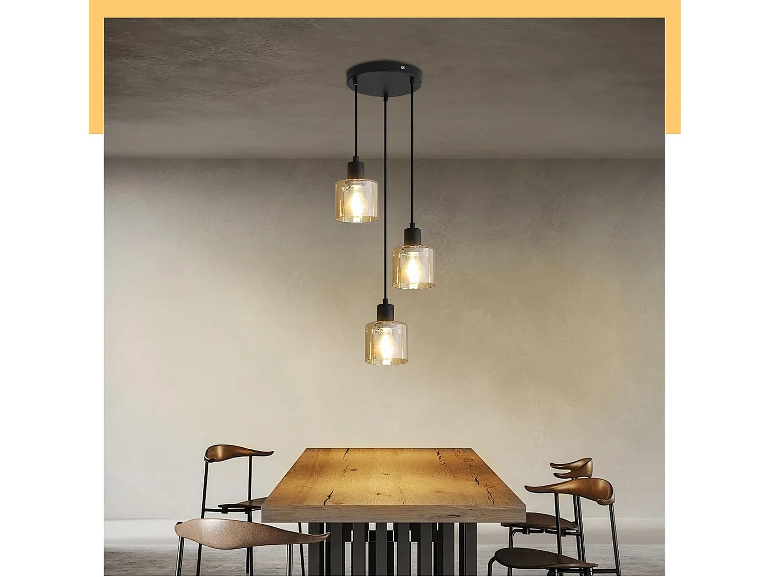 NETTLIFE Hanglamp E27 fitting 3-Lichts Bernstein rond Glas Vintage Eettafellamp 21cm Industriele Eetkamerlamp voor voor Keuken | Woonkamer | Hal | Kantoor