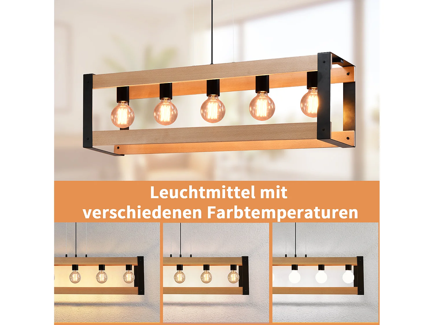 NETTLIFE Pendelleuchte Vintage Esszimmerlampe Schwarz Holz E27 5 flammig Industrial Esstisch