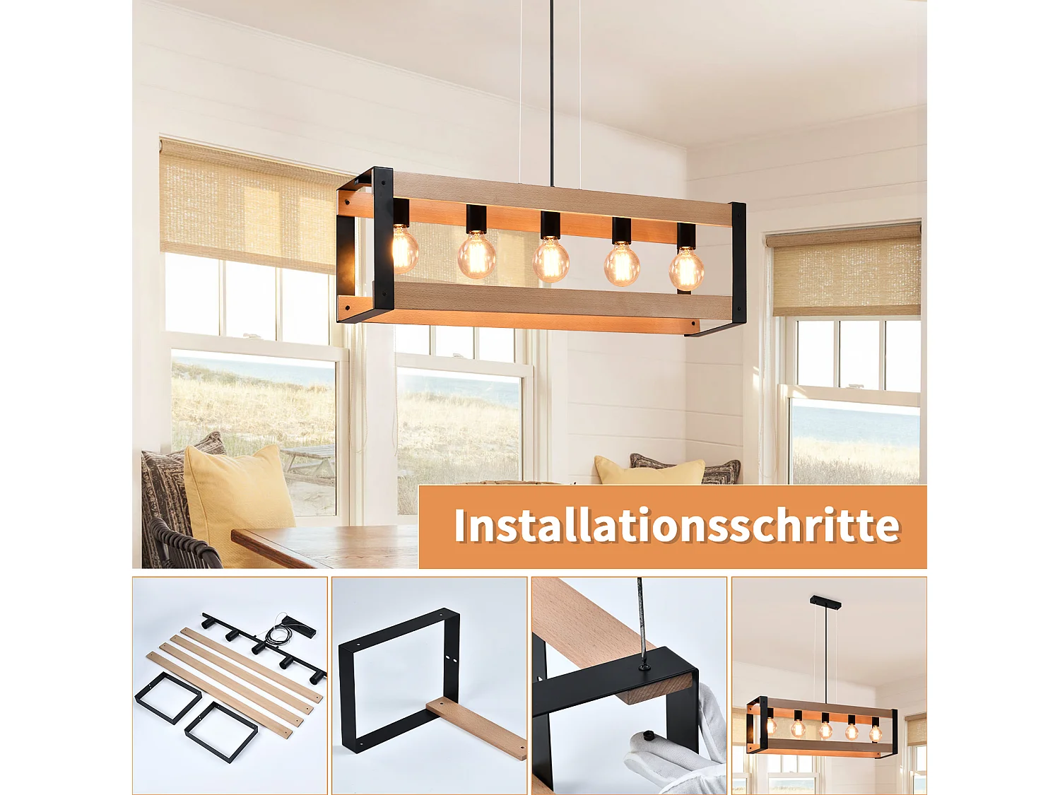 NETTLIFE Pendelleuchte Vintage Esszimmerlampe Schwarz Holz E27 5 flammig Industrial Esstisch