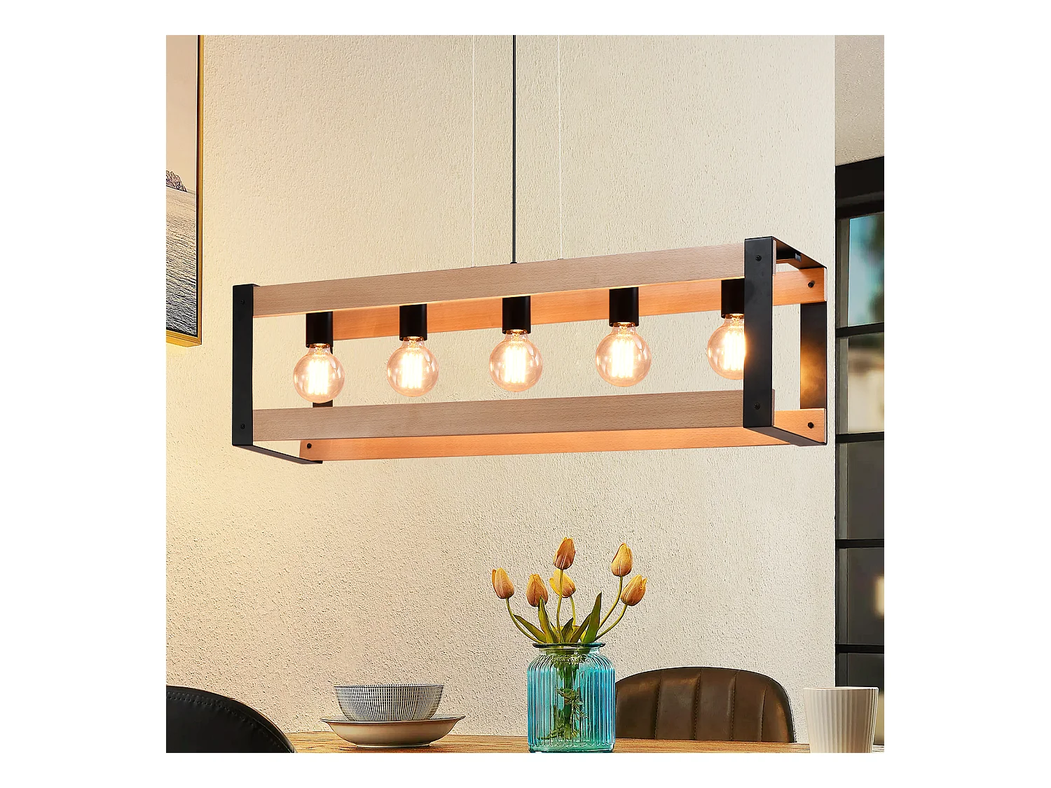 NETTLIFE Hanglamp - 5xE27 - zwart - hout Design - vintage eetkamerlamp - metalen hanglamp - in hoogte verstelbaar - voor eetkamer | keuken | woonkamer | restaurant