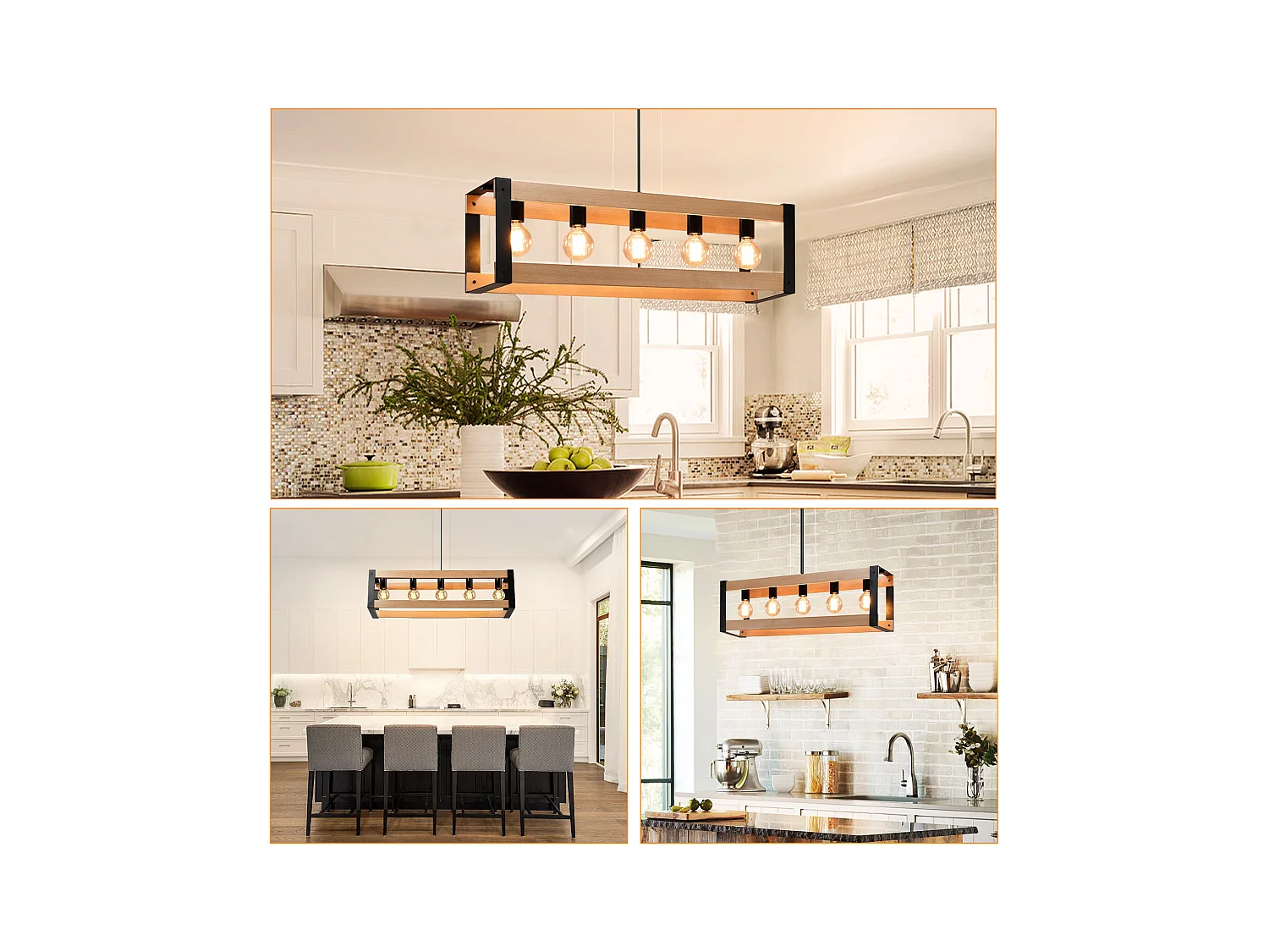 NETTLIFE Suspensión de lámpara para comedor vintage de madera negra E27, 5 llamas, mesa para comer industrial.