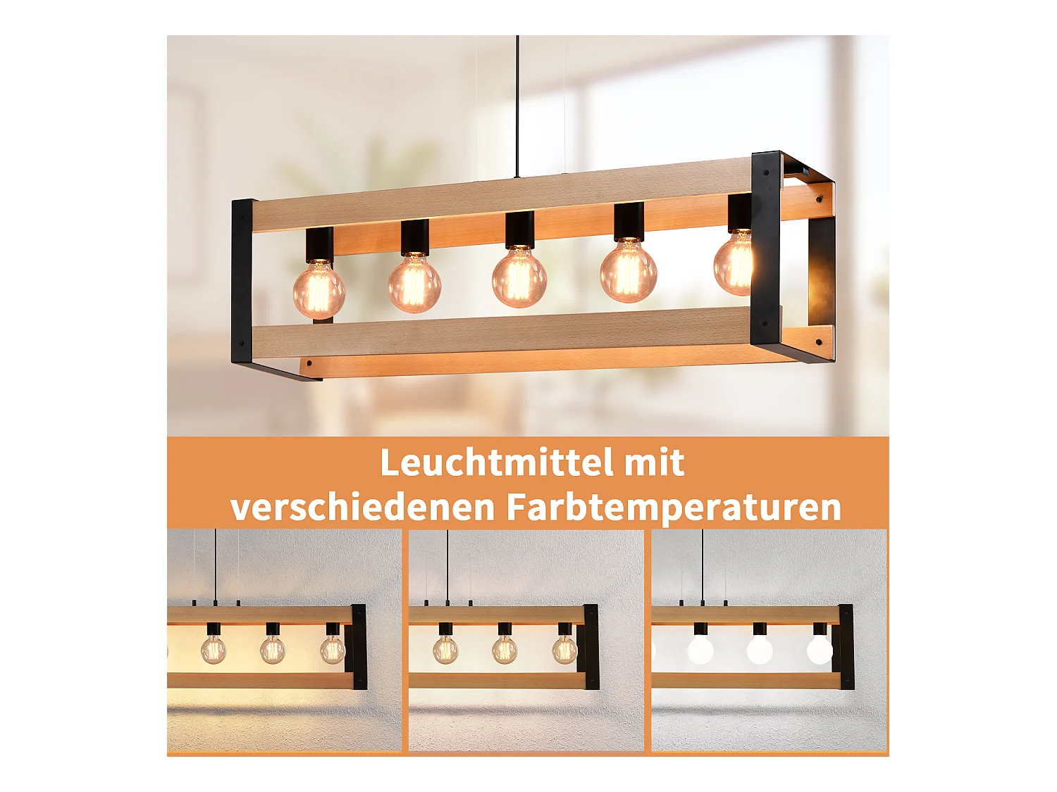 NETTLIFE Suspensión de lámpara para comedor vintage de madera negra E27, 5 llamas, mesa para comer industrial.