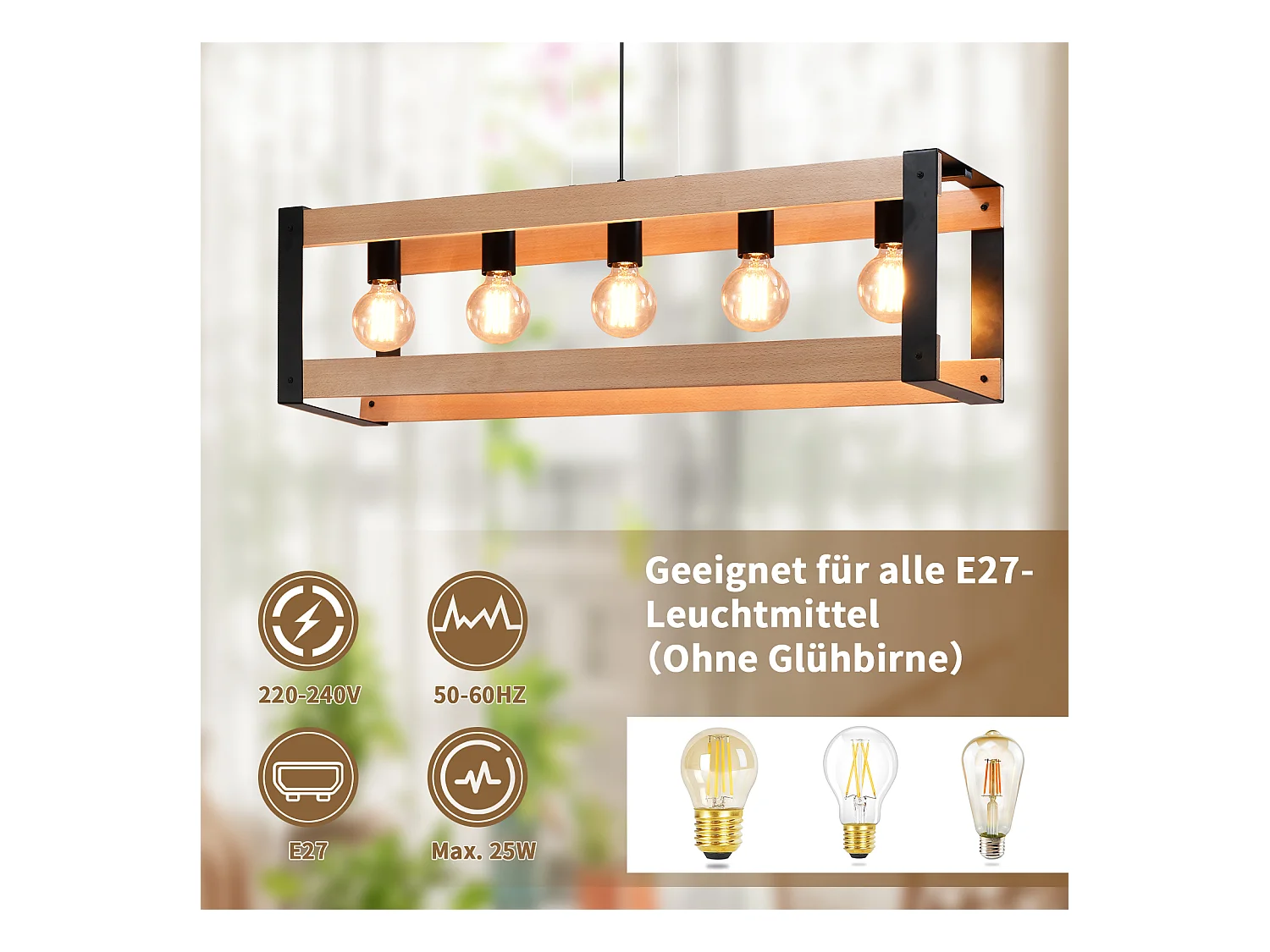 NETTLIFE Suspensión de lámpara para comedor vintage de madera negra E27, 5 llamas, mesa para comer industrial.