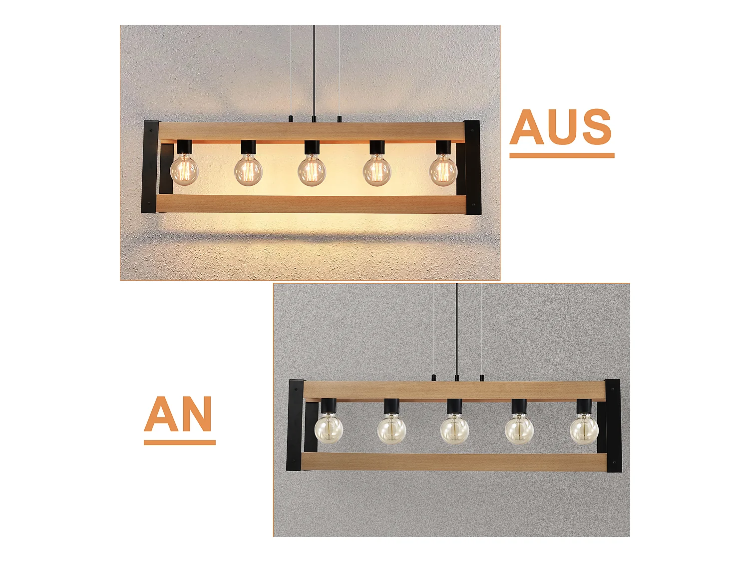 NETTLIFE Suspensión de lámpara para comedor vintage de madera negra E27, 5 llamas, mesa para comer industrial.