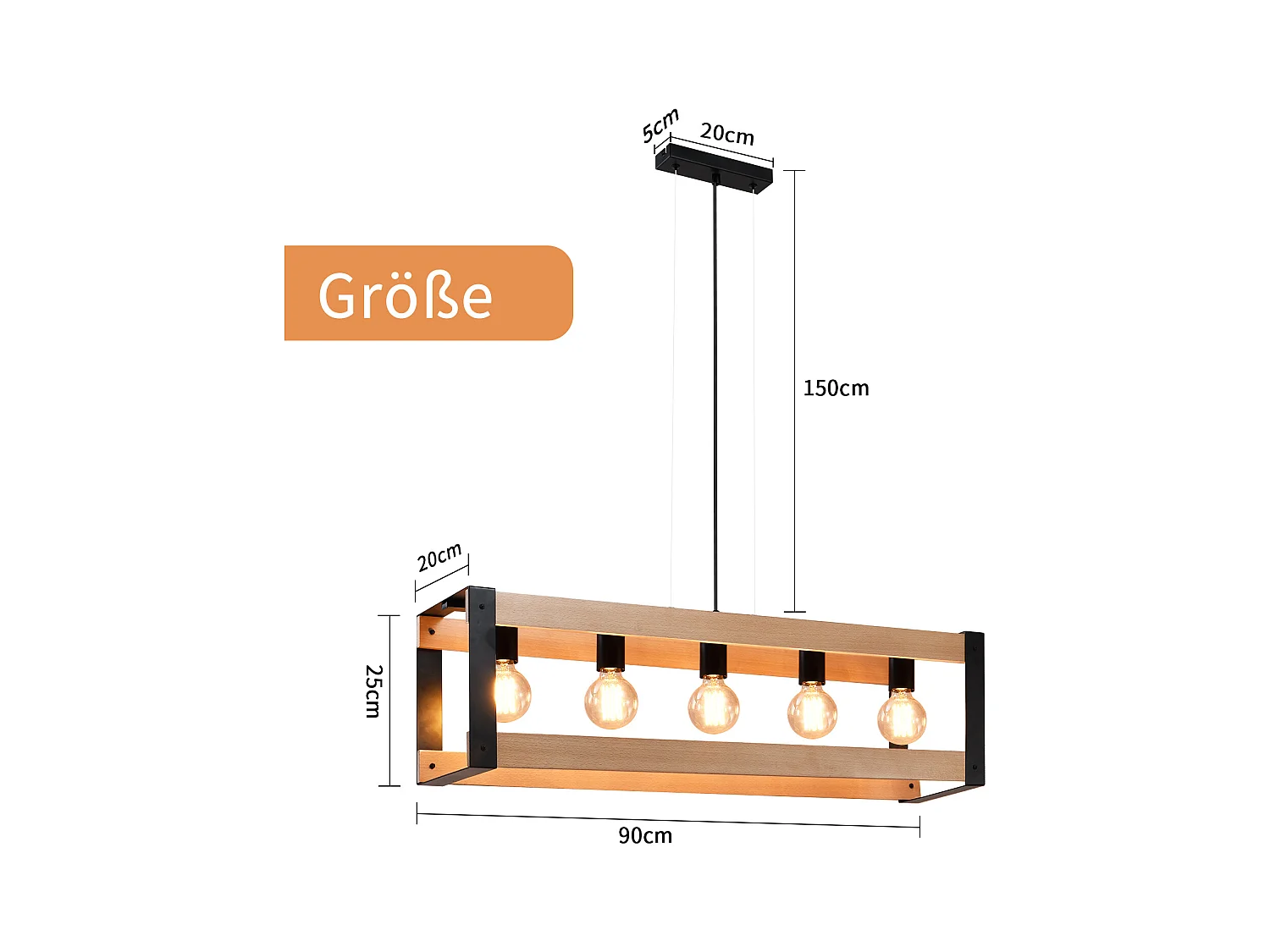 NETTLIFE Suspensión de lámpara para comedor vintage de madera negra E27, 5 llamas, mesa para comer industrial.
