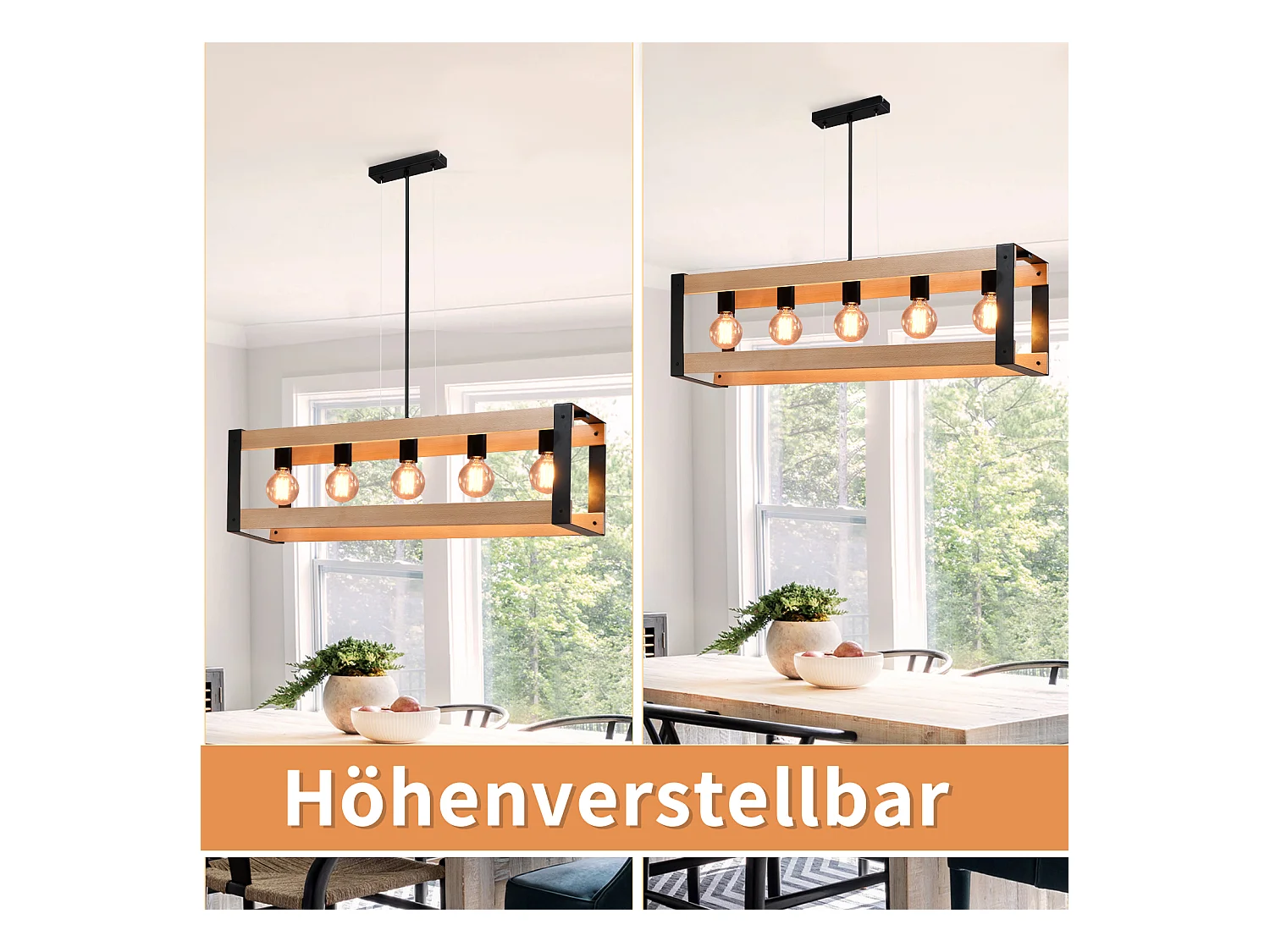 NETTLIFE Suspensión de lámpara para comedor vintage de madera negra E27, 5 llamas, mesa para comer industrial.