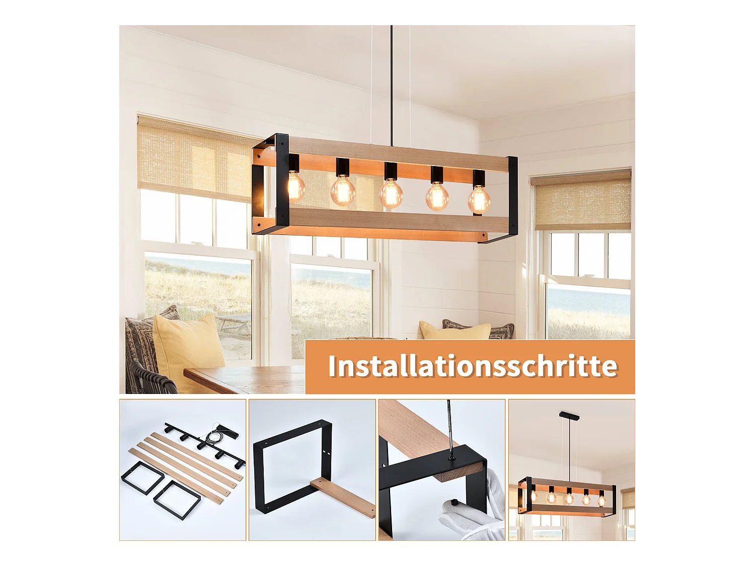 NETTLIFE Suspensión de lámpara para comedor vintage de madera negra E27, 5 llamas, mesa para comer industrial.