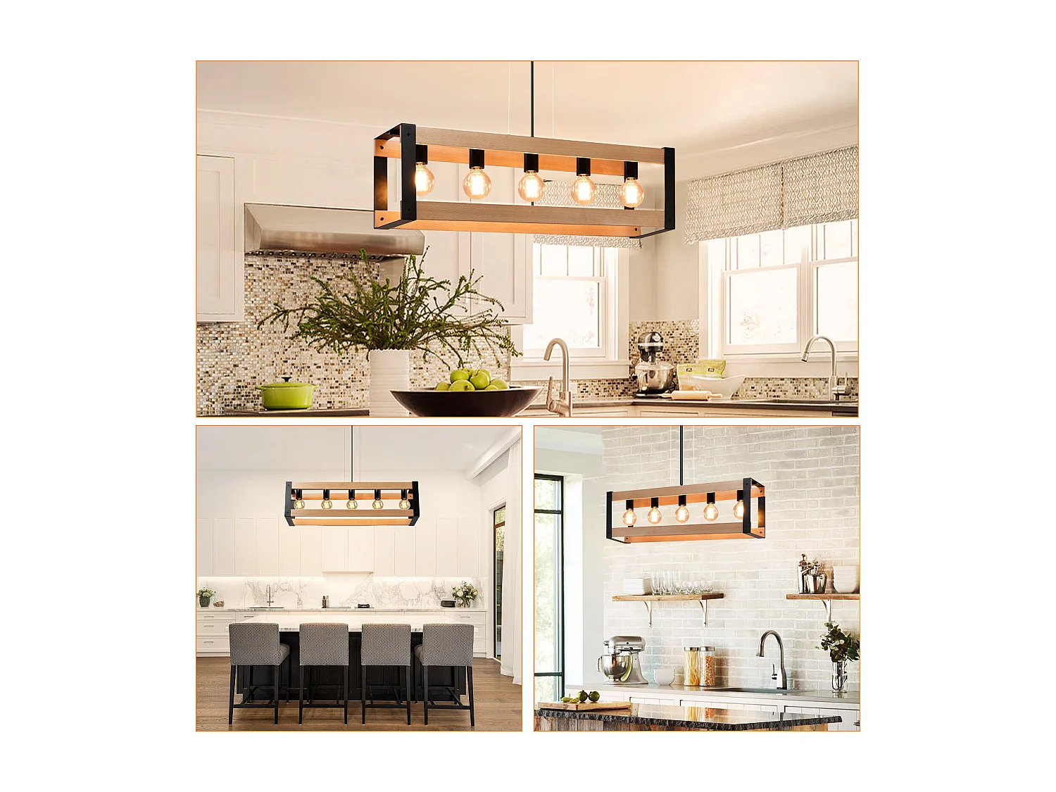 NETTLIFE Suspensión de lámpara para comedor vintage de madera negra E27, 5 llamas, mesa para comer industrial.