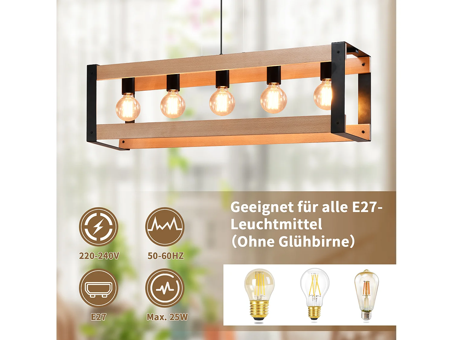 NETTLIFE Suspensión de lámpara para comedor vintage de madera negra E27, 5 llamas, mesa para comer industrial.