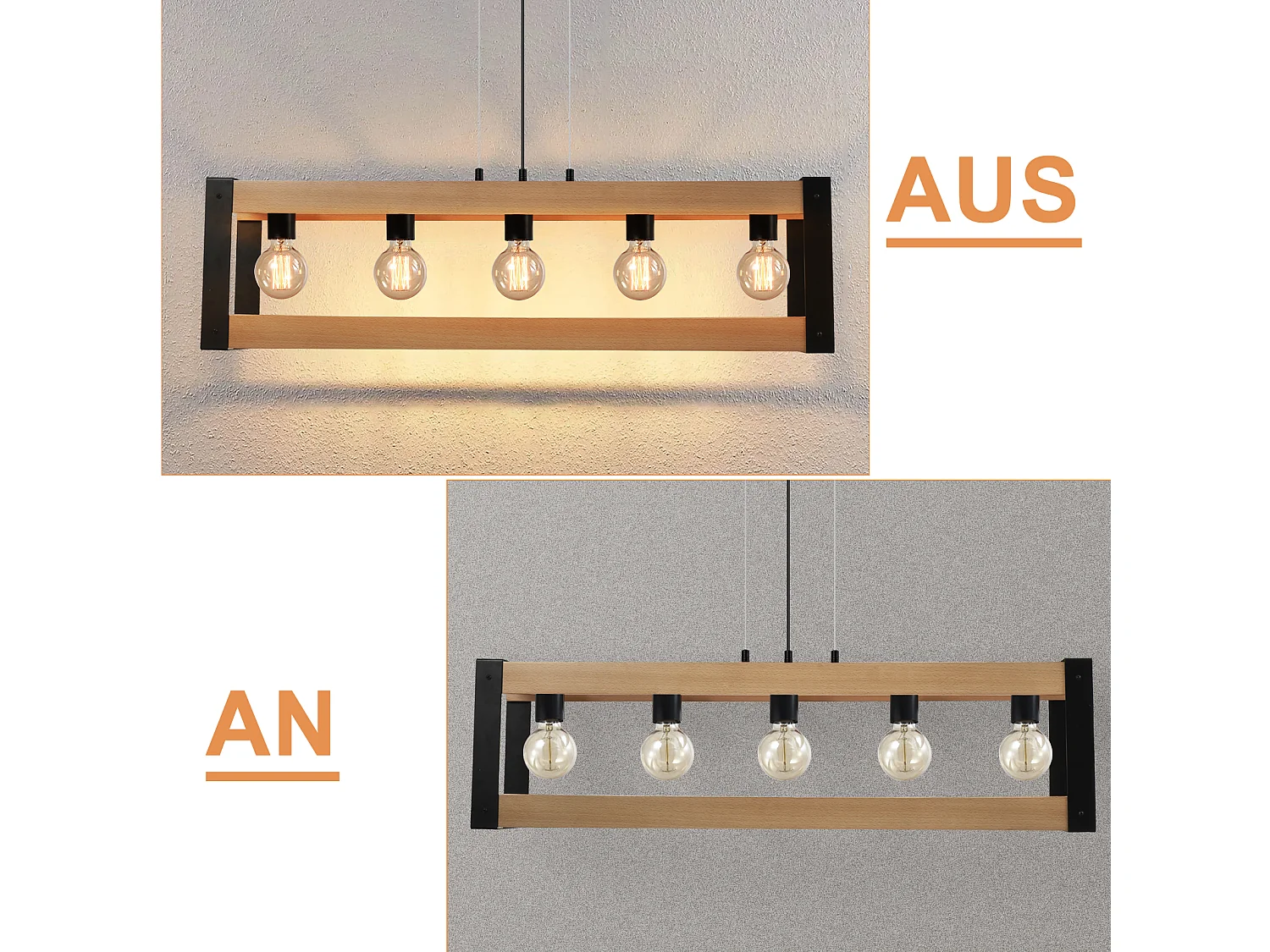 NETTLIFE Suspensión de lámpara para comedor vintage de madera negra E27, 5 llamas, mesa para comer industrial.