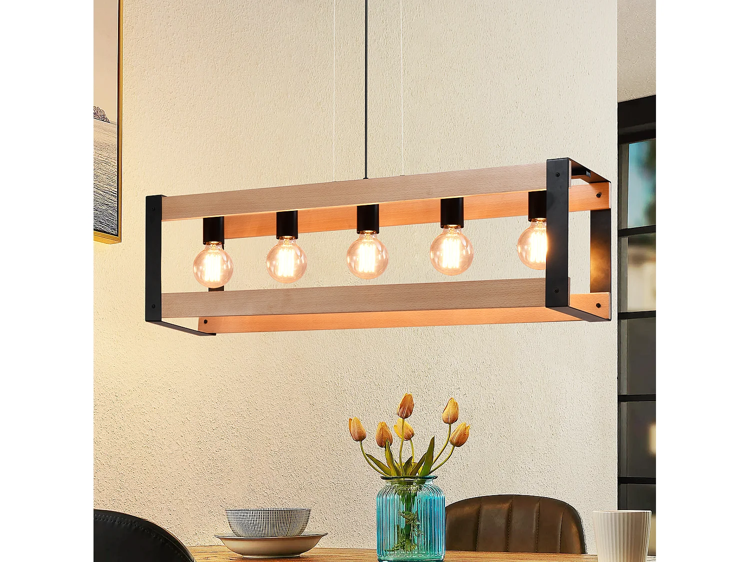 NETTLIFE Hanglamp - 5xE27 - zwart - hout Design - vintage eetkamerlamp - metalen hanglamp - in hoogte verstelbaar - voor eetkamer | keuken | woonkamer | restaurant