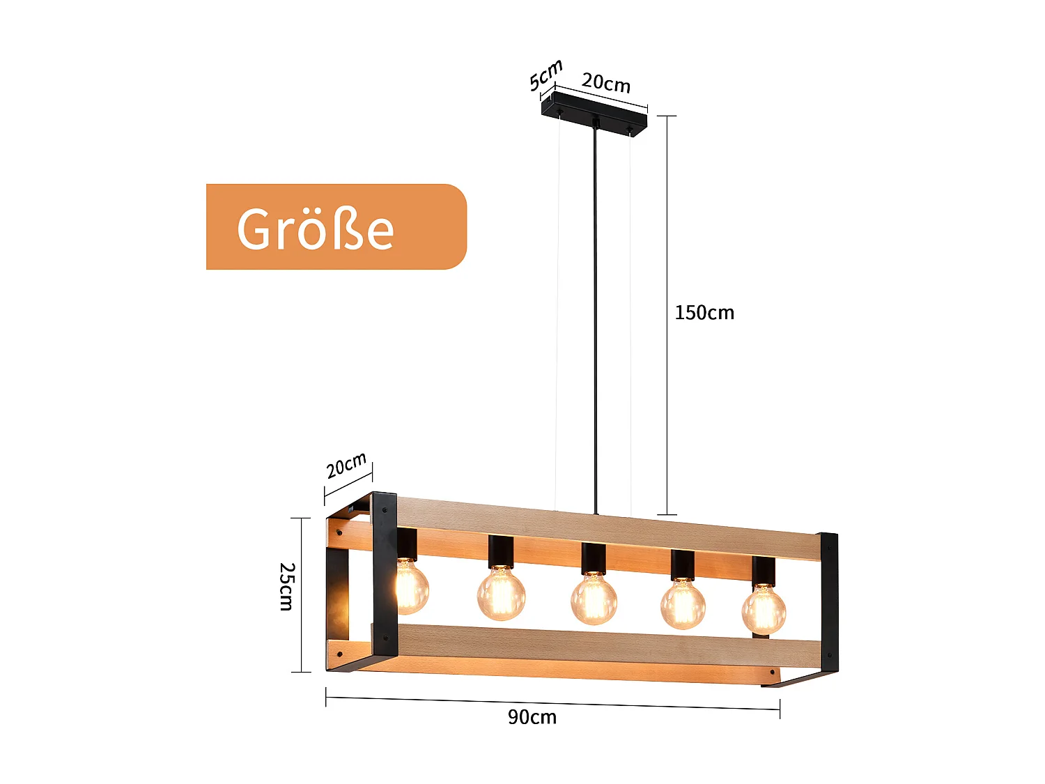 NETTLIFE Hanglamp - 5xE27 - zwart - hout Design - vintage eetkamerlamp - metalen hanglamp - in hoogte verstelbaar - voor eetkamer | keuken | woonkamer | restaurant